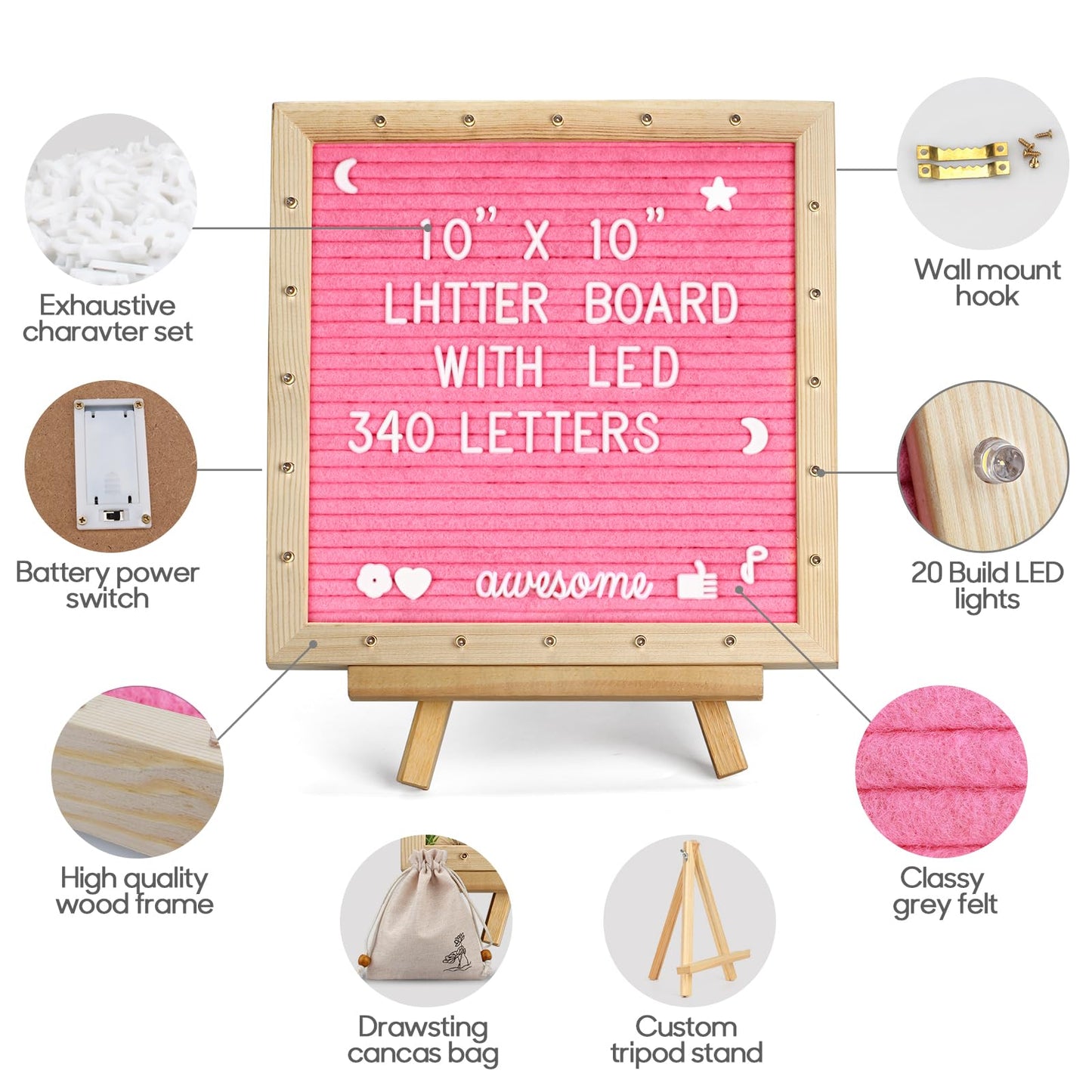 Pink Felt Letter Board with Lights, Built-in LED Lights -Message Board Adjustable Stand, 340 Letters and Christmas,- for Menus, Pregnancy Announcement, Weddings, Party Planning(10 * 10)