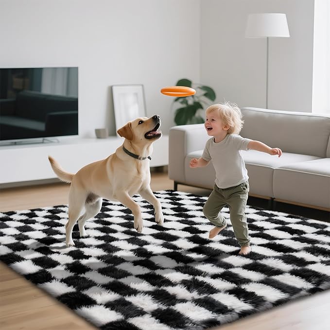 Area Rugs for Bedroom Living Room,5x8 Black and White Fluffy Soft Checkered Rug Fuzzy Shag Shaggy Carpet, Indoor Plush Floor Rugs for Kids Boys Girls Teen Dorm Nursery Home Decor