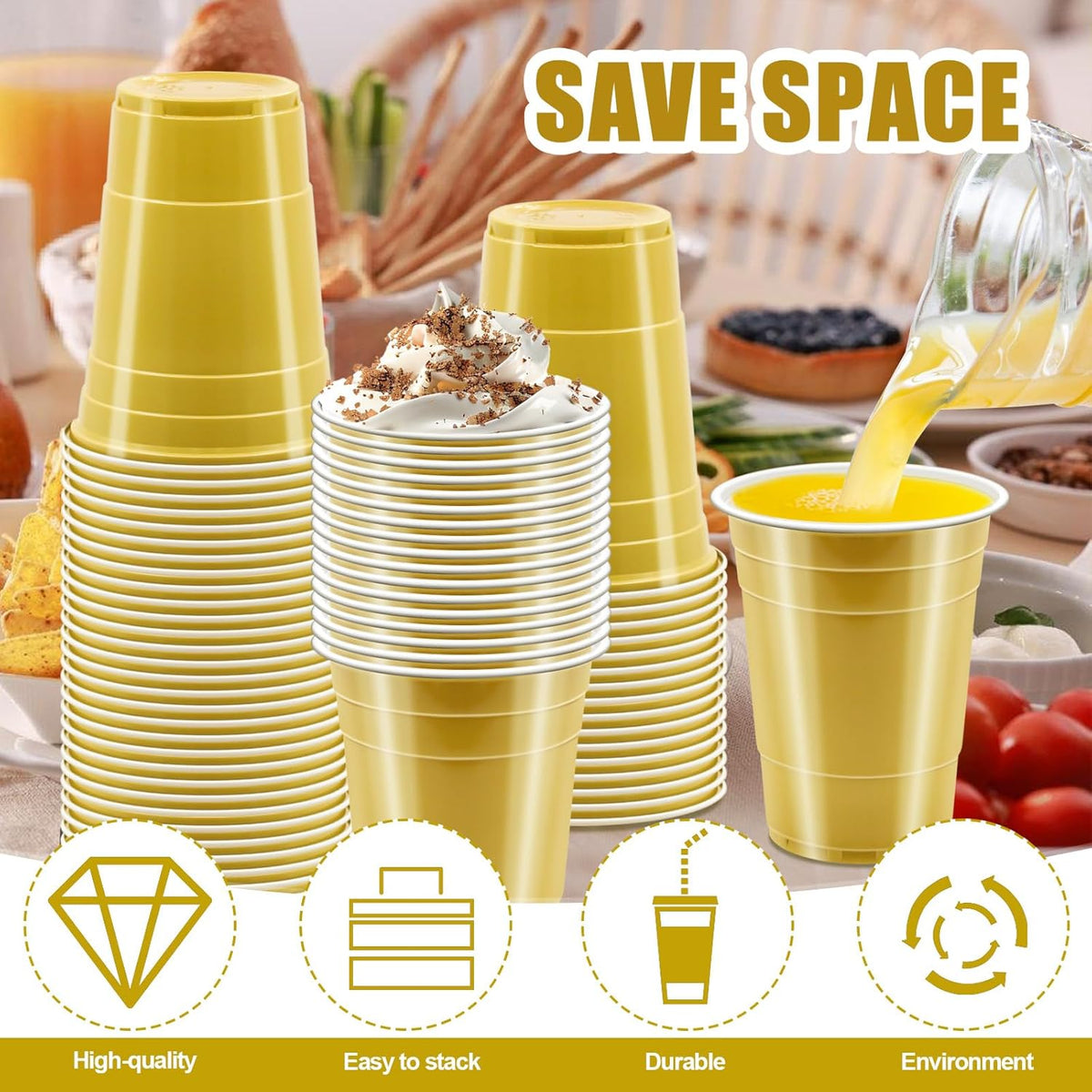 100 Pack 16 oz Gold Plastic Cups for Party, Heavy Duty Gold Disposable Cups Graduation Cups Bulk for Halloween Wedding Birthday Festive Celebrations Wine Beer Beverage