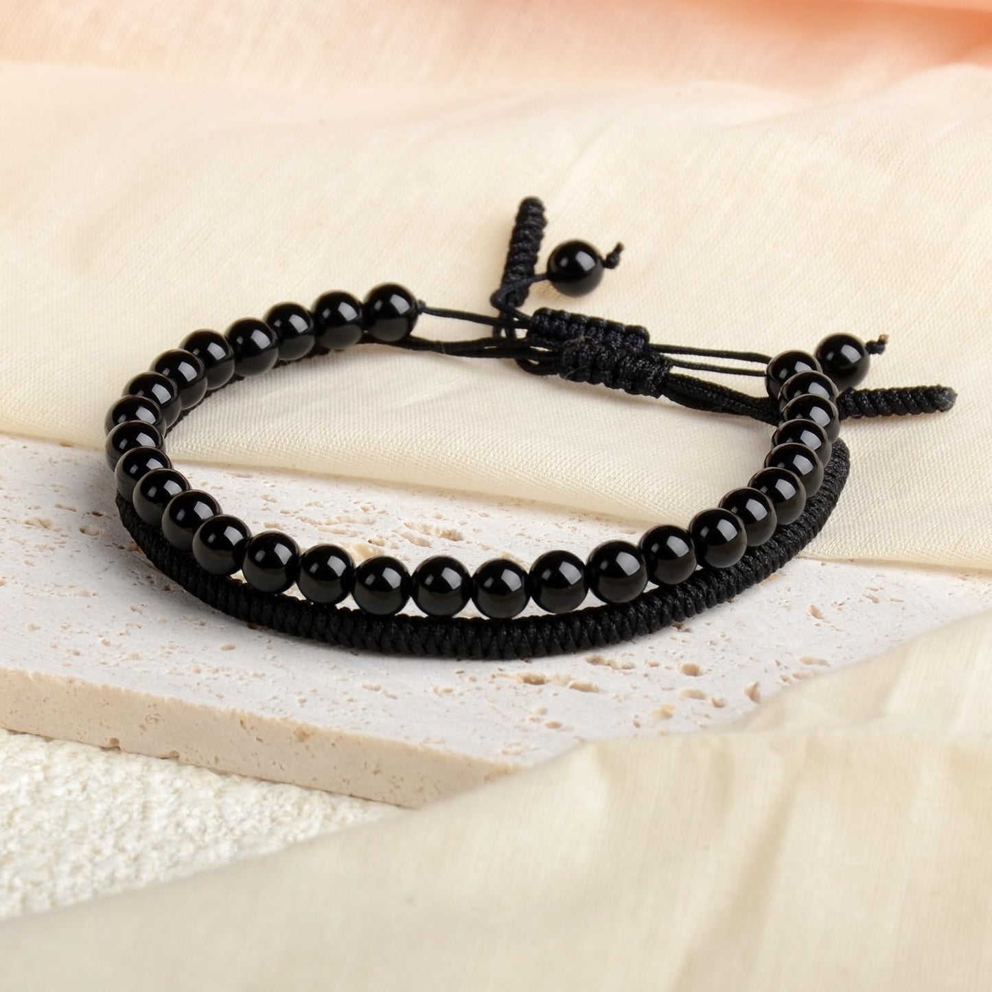 LPBeads 6mm Black Tourmaline Bracelet with Handmade Rope Bracelet Size Adjustable Natural Stone Crystal Healing Bracelets Gifts for Unisex Adults