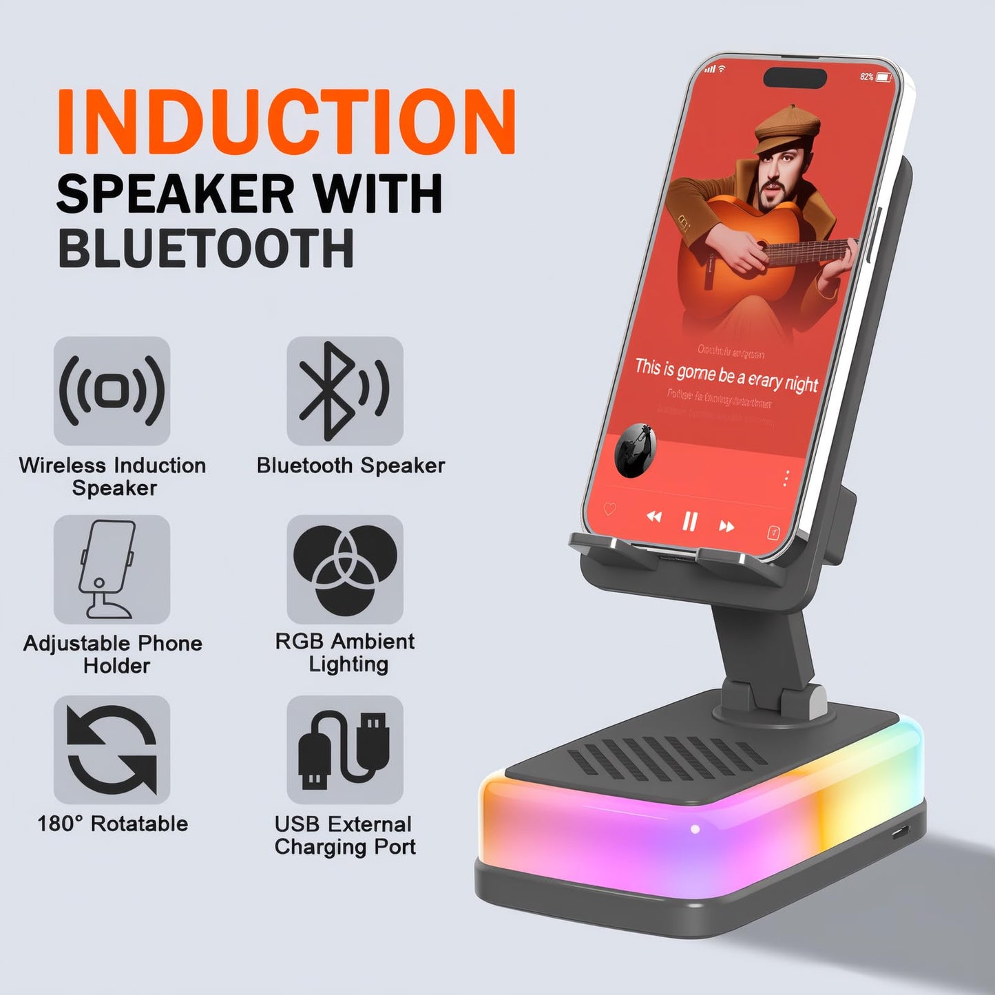 Wireless Induction Speaker with 180° Flexible Phone Stand, Bluetooth 5.3 Speaker for Desk with 3000mAh Emergency Power Bank, 5 in 1 Phone Speaker Amplifier with RGB Light, Gift for Men Women (Black)