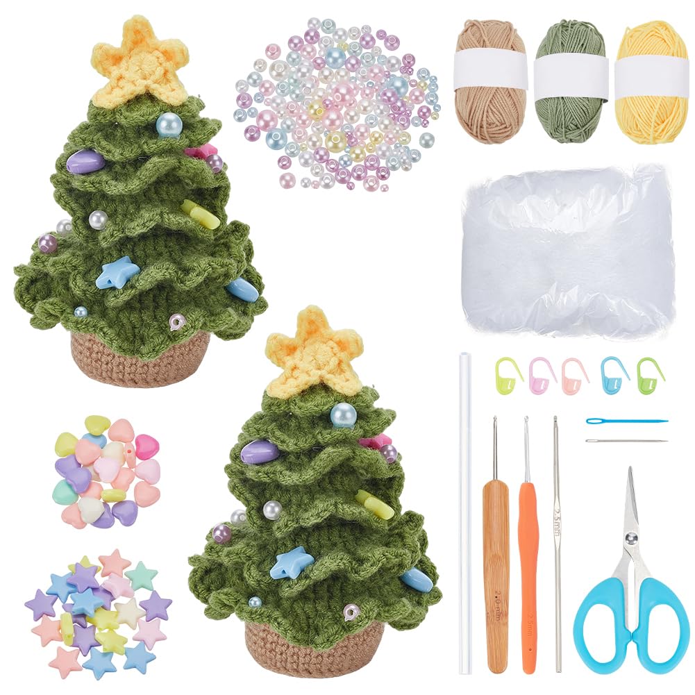 FREEBLOSS 2 Set Crochet Kit for Beginner Christmas Tree Crochet Kit for Adults Starter Friendly, Christmas Crochet Set All You Need in with Step by Step Video Tutorial Knitting and Crochet Supplies