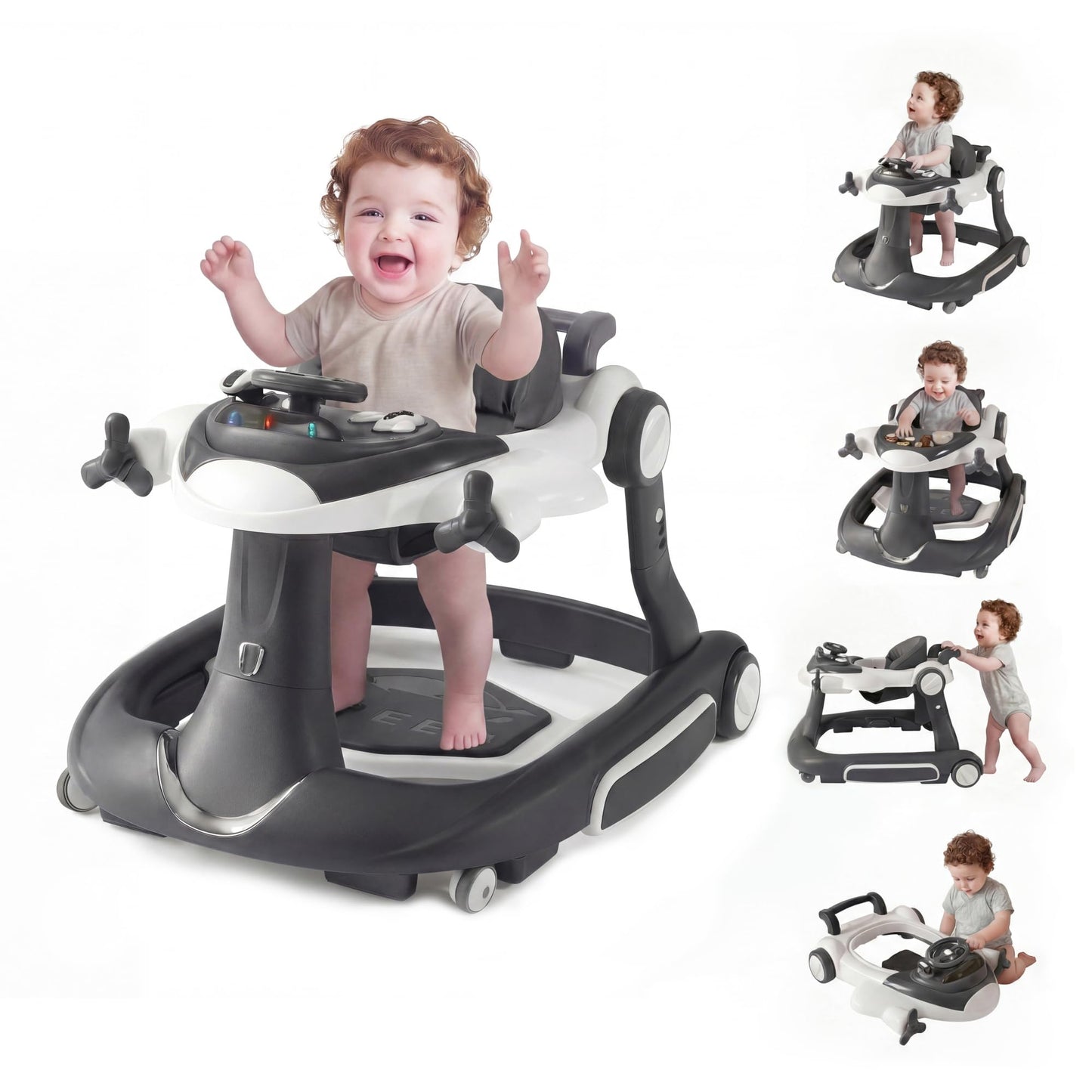 TODECARE 7 in 1 Baby Walker, Foldable Jumper Activity Center with Adjustable Height, Music, Lights, Speed Control, Detachable Play Tray, Infant Push Walker with Wheels for Boys Girls (Gray)