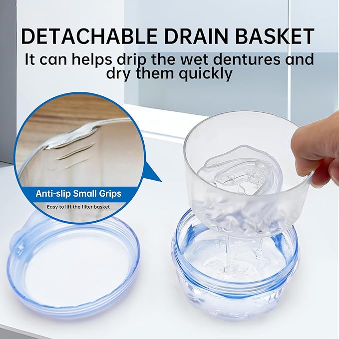 No Leak Partial Denture Case Retainer Bath Box Cup, Denture Soaking Cup False Teeth Holder Box Case with Strainer Basket and Brush - Transparent Blue