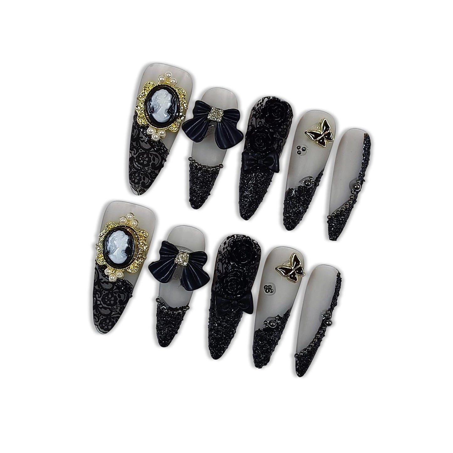 Hantyer Gothic Press on Nails, Long Stiletto Matte Nails, Baroque Cameo & 3D Camellia Design Salon Quality, Reusable Nails with Bow Steel Beads Accents, Dark Princess Style for Women(Size L)