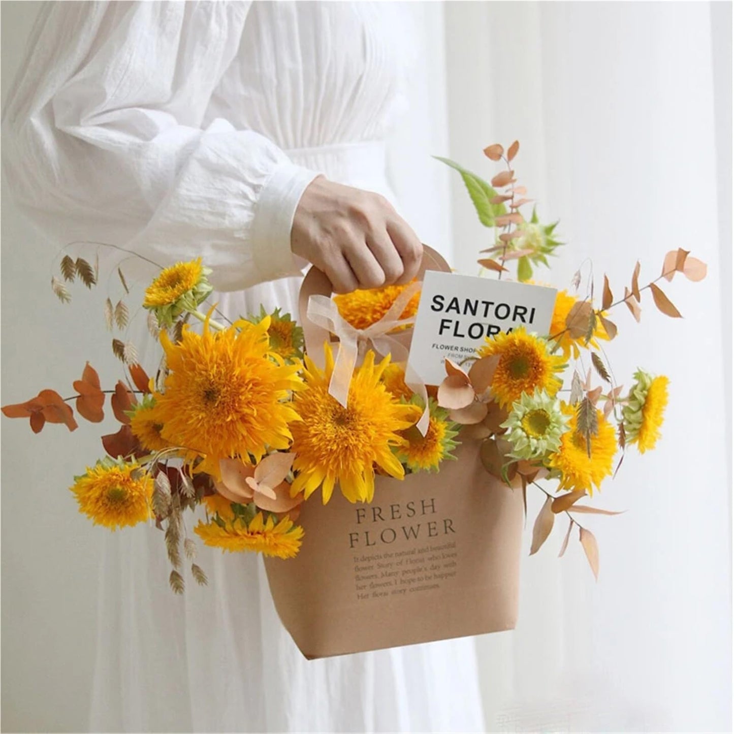 Nikeg Kraft Paper Flower Gift Bags 10Pcs Korean Portable Flower Box, Kraft Paper Bouquet Arrangement Packaging Bag, Creative Waterproof Gift(White,Big)