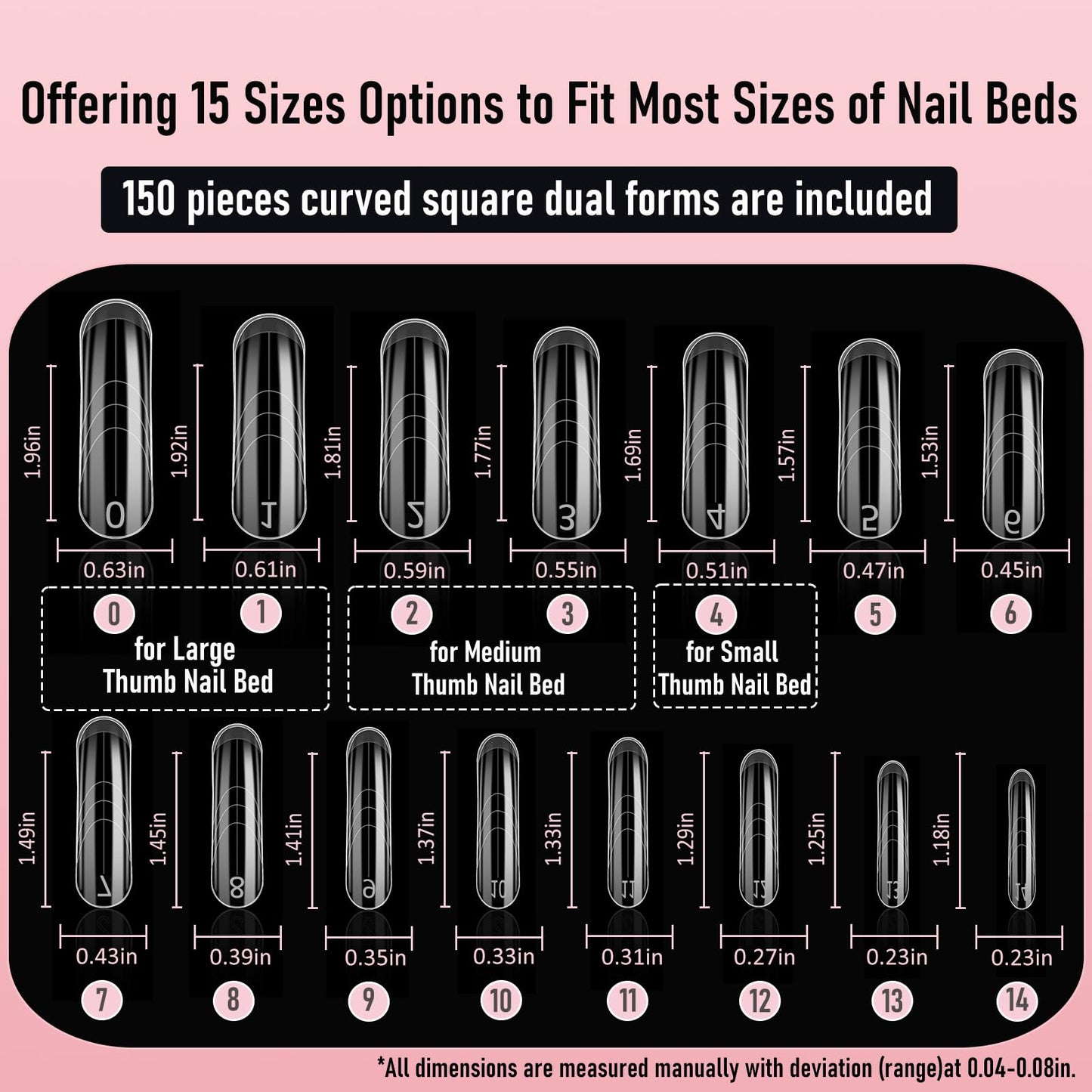 Wellquinn Curved Dual Forms for Polygel, Square Poly Gel Nails Forms for Nail Extension with Guide Lines Inside, Reusable Acrylic Nail Molds with French Guidelines for Builder Gel,15 Sizes 150Pcs