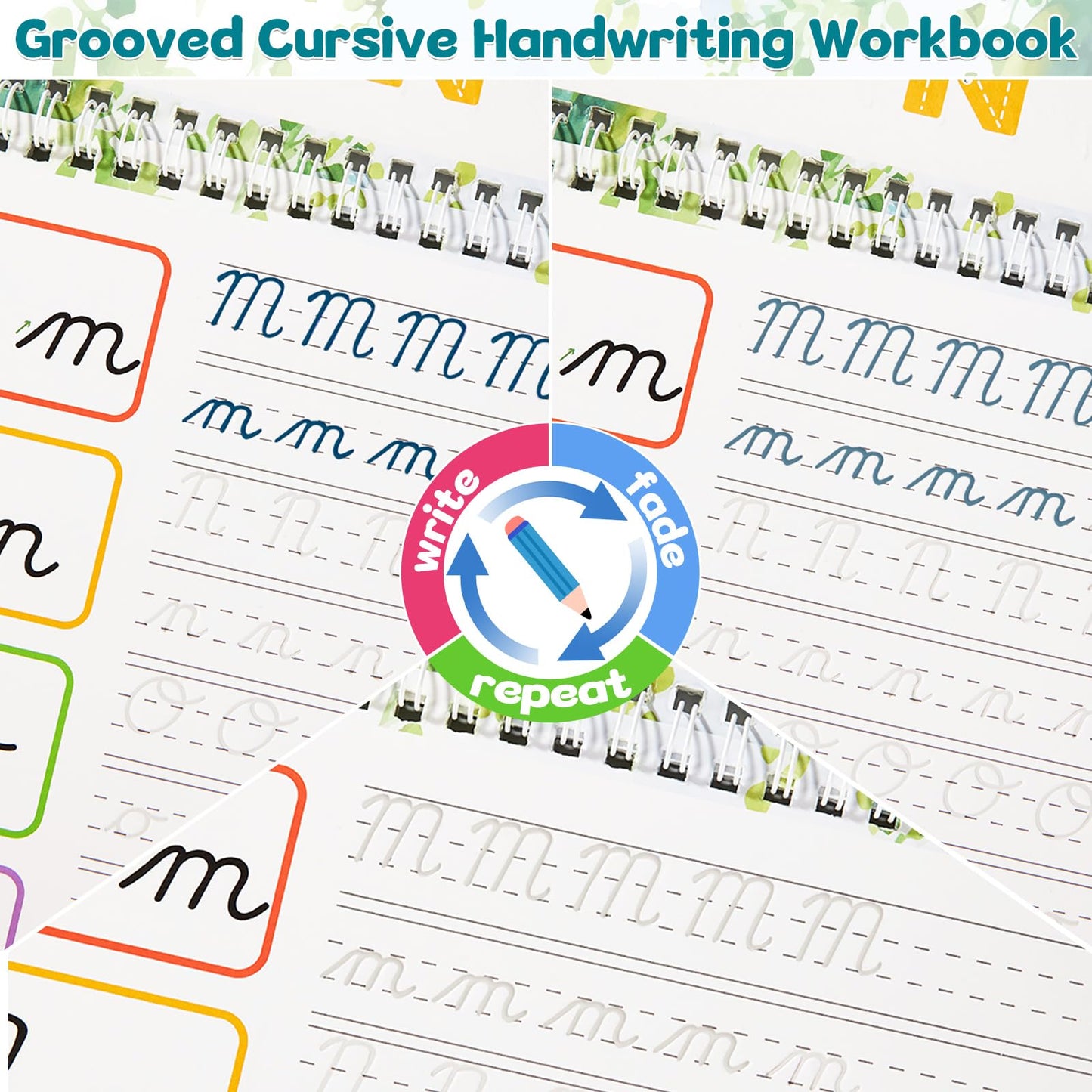 chiazllta Grooved Cursive Handwriting Workbook with Disappearing Ink Pens Magic Reusable Grooved Cursive Writing Practice for Beginners Kids Kickoff Student Workbook Homeschooling Supplies (Letters)