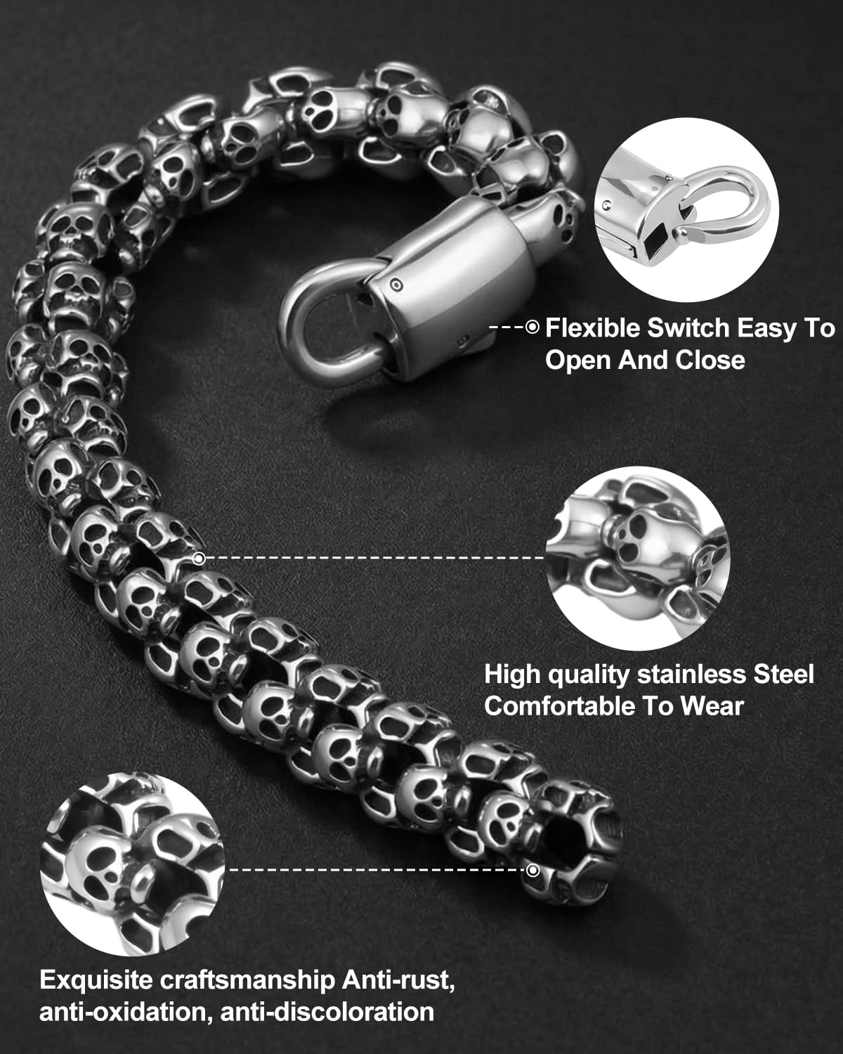 LuxGoth Stainless Steel Skull Heavy Cuban Link Chain Bracelet Gothic Punk Rock Biker Viking Vintage Link Curb Bracelet Jewelry for Men Silver GTS-B8B44701