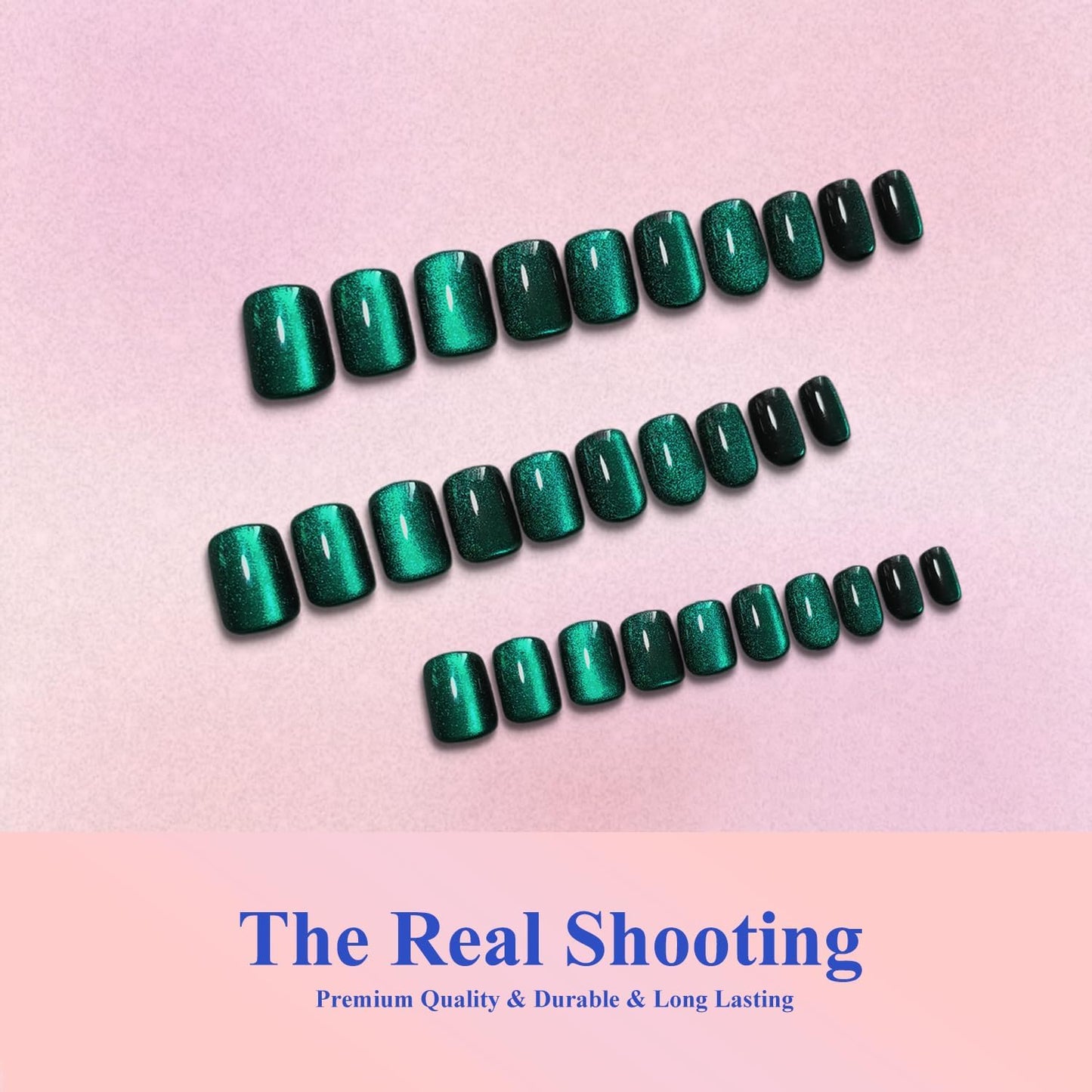 KQueenest Cat Eye Press On Nails Short - Dark Emerald Green Press On Nails Square, 30 Pcs 15 Sizes Glitter Black Fake Nails Press ons, Thick Quality, Reusable Small Glue on Nail for Women Goth Party