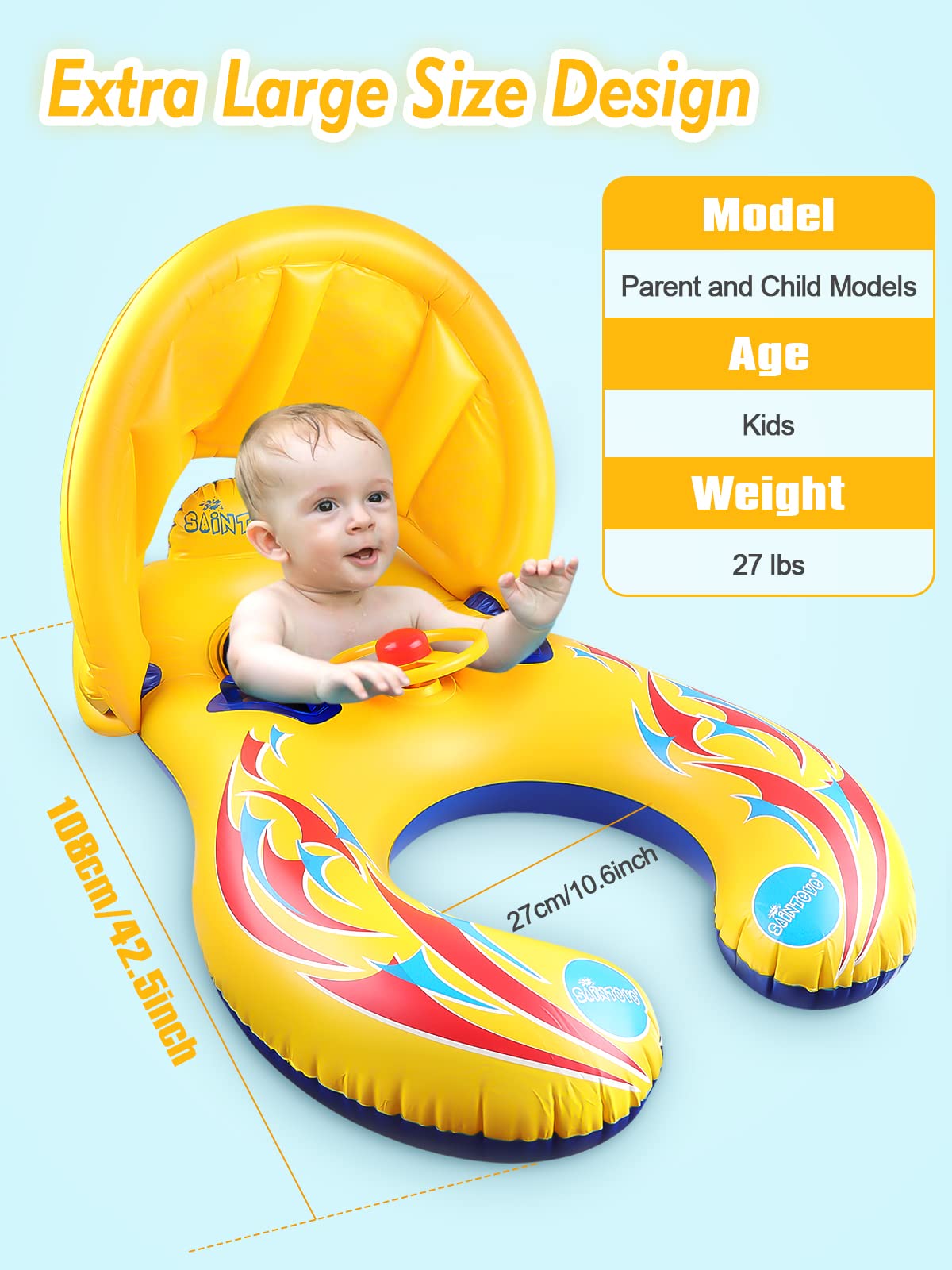 Kalolary Inflatable Mommy & Baby Double Person Float Seat with Removable Sun Canopy for Swim Ring Summer Pool Supplies
