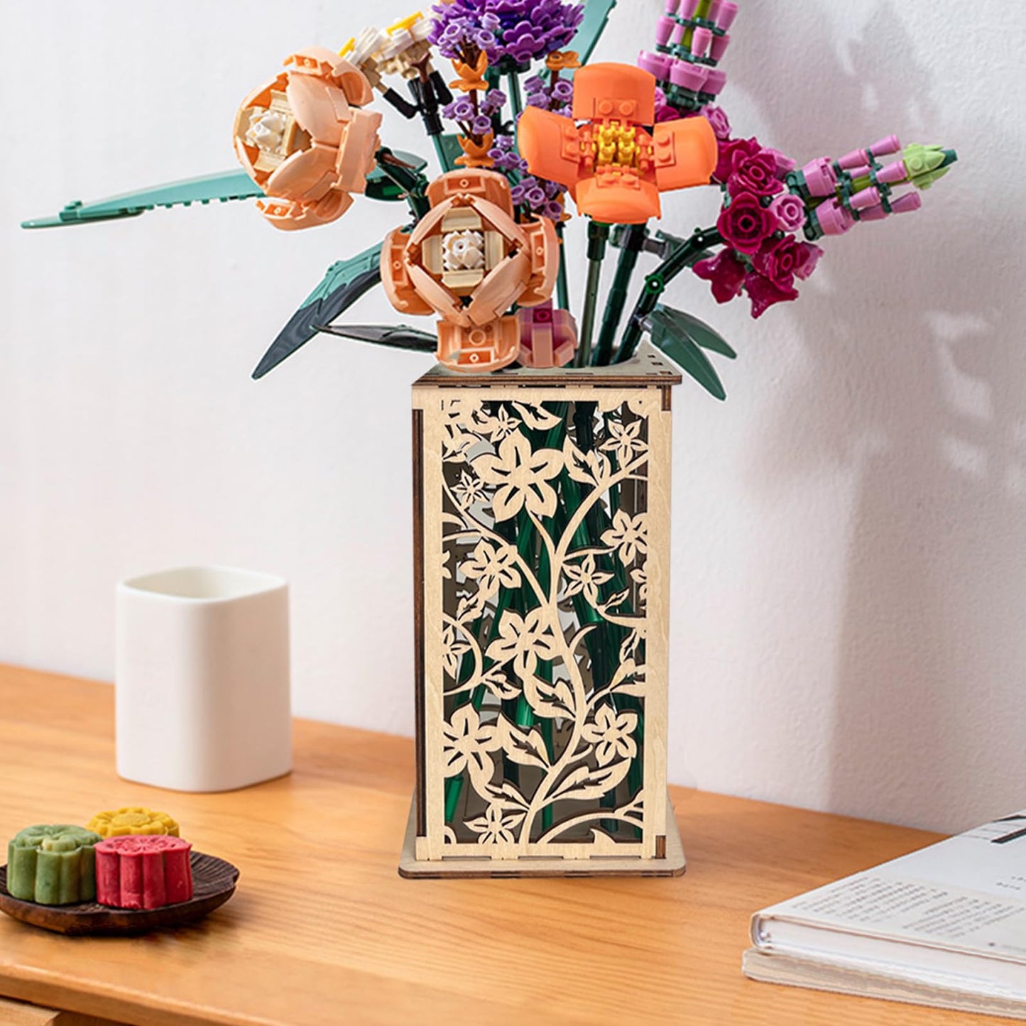 Wooden Vase for Lego Flowers, Display Stand for Lego Flower, Cool Artistic Carving Vase with Hollow Flower Pattern for Flower Lovers (Wood)