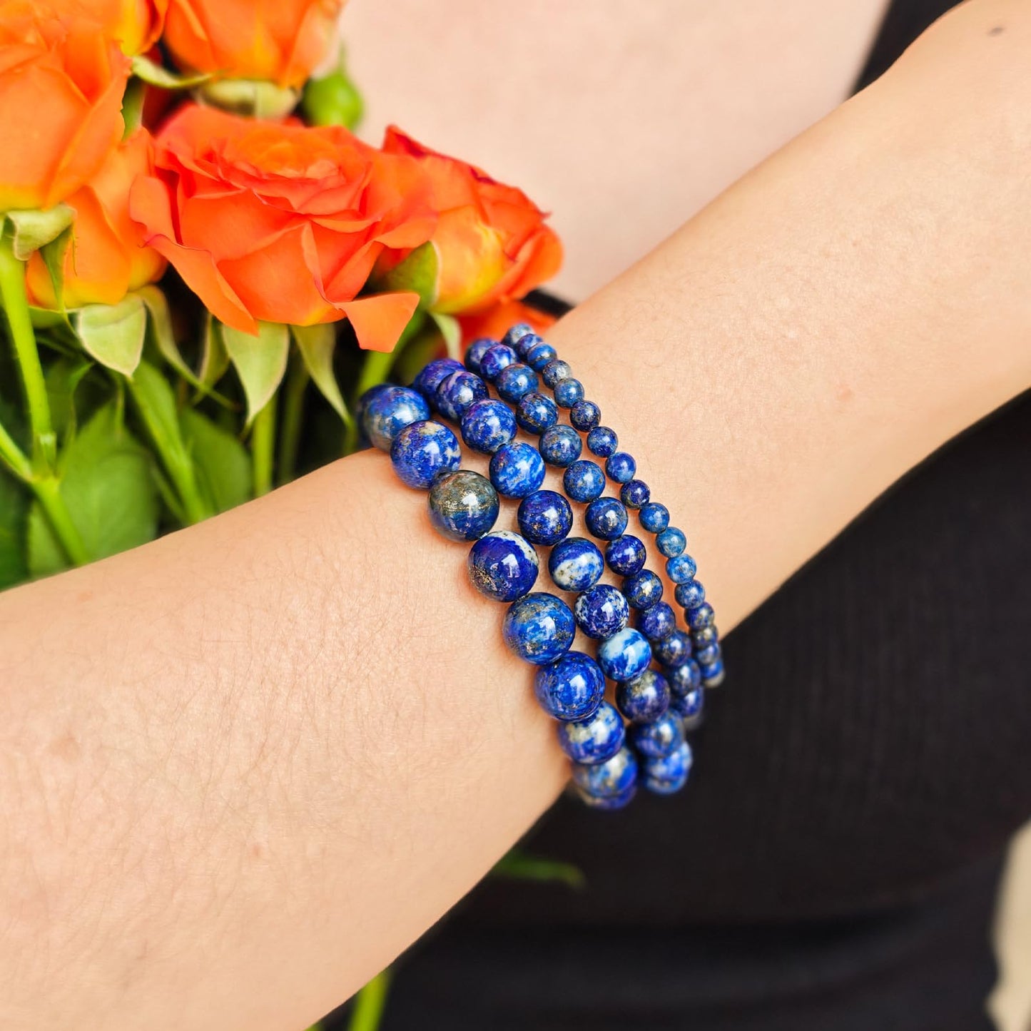 Handmade Natural Gemstone Elastic Bracelet - Healing Crystal Beads Jewelry, Unisex (Lapis Lazuli, 8mm)
