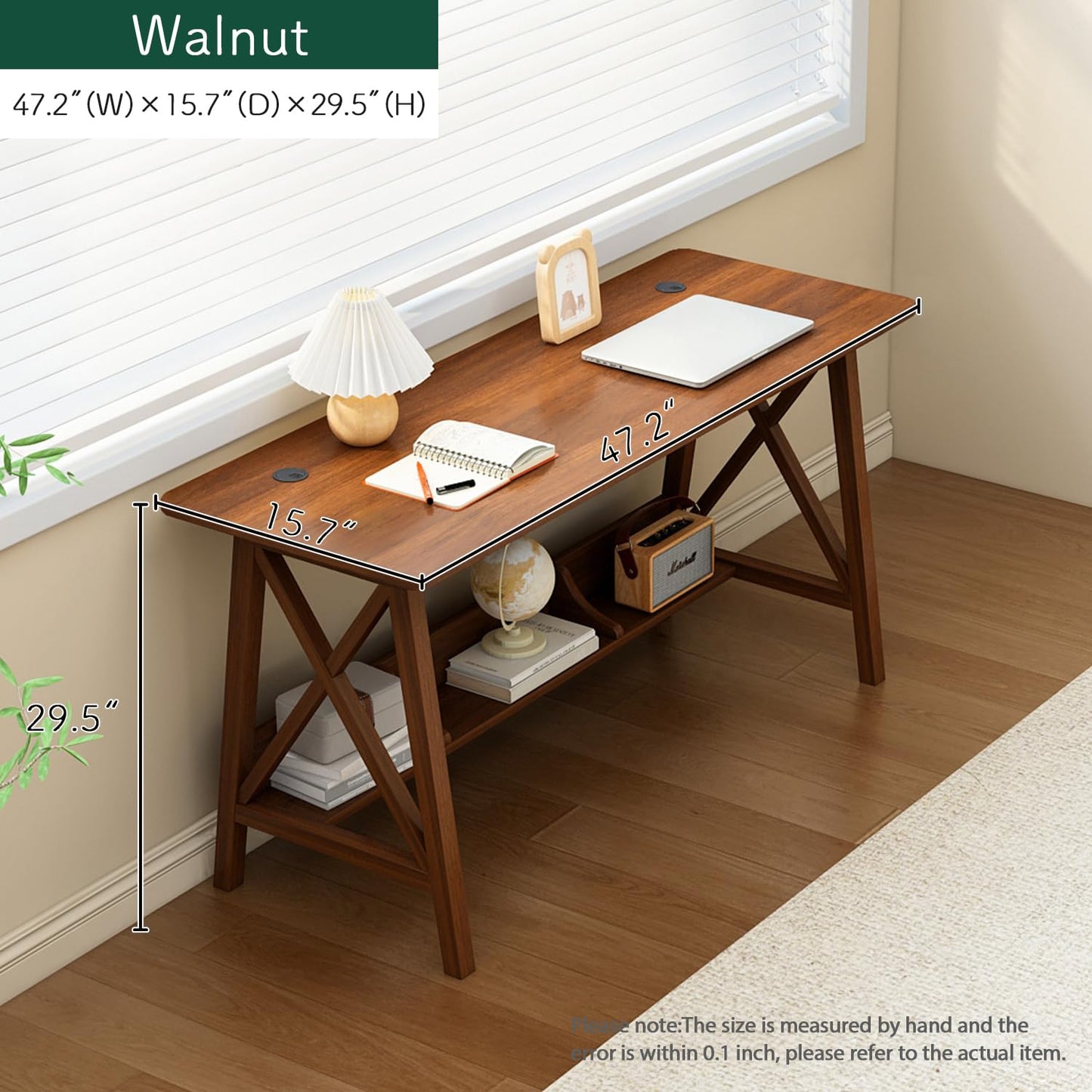 NELYE Extra Long Desk with Bookshelf - Wooden Home Office Work Study Table, Writing Computer Workstation with Storage Shelf in Wanut, 47" Wx16 Dx30 H