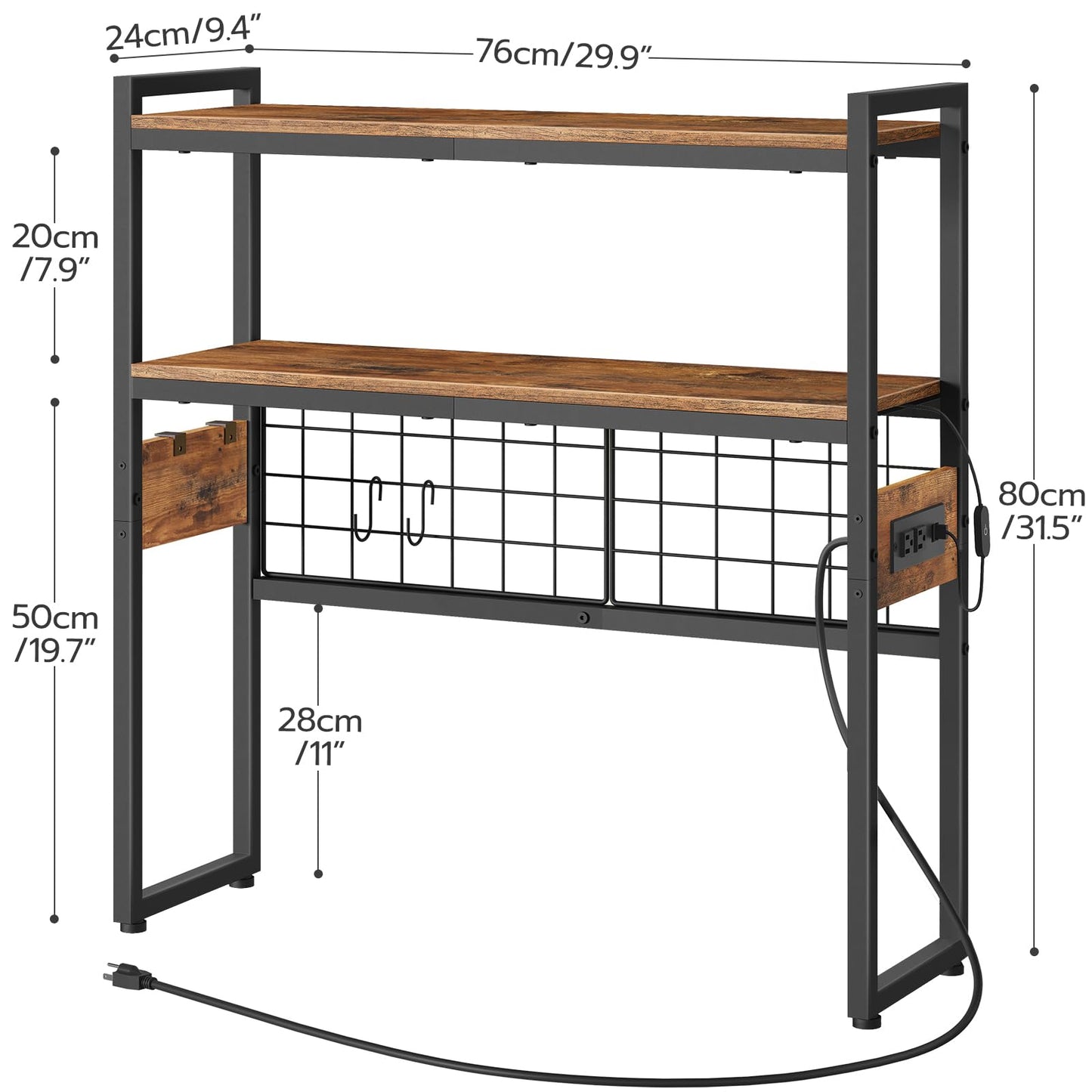 HOOBRO Desktop Bookcase, 2-Tier Desktop Organizer, 29.9" Wooden Office Storage Rack with Outlets, Display Shelf Rack with Light Strip, Desk Hutch for Office, Rustic Brown BF11UDSJ01