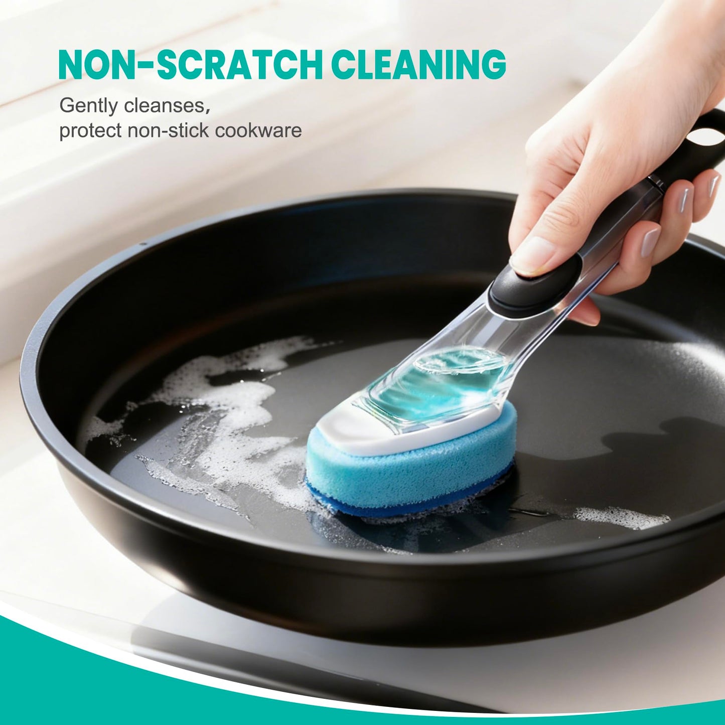 Dishwand with Refills, Dish Wand with Handle Replacement Sponge Heads, Non Scratch Soap Control Leak-Proof Dispenser Scrub,Heavy Duty Advanced Scrubber Brush Pads for Cleaning Dishes Sink Washing Tool