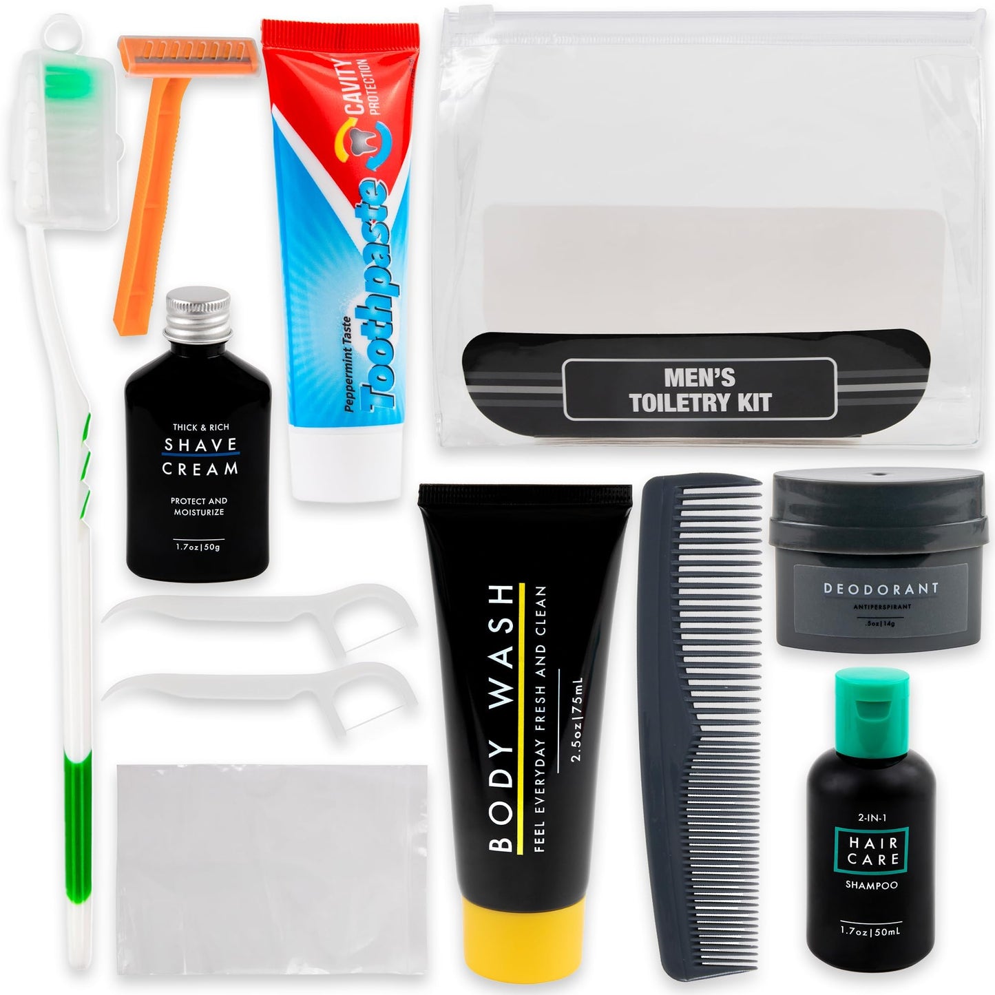 Trail maker Men’s Travel Toiletry Bag with Supplies, 13 Piece Travel Size TSA Compliant Oral Care and Grooming Essentials Kit