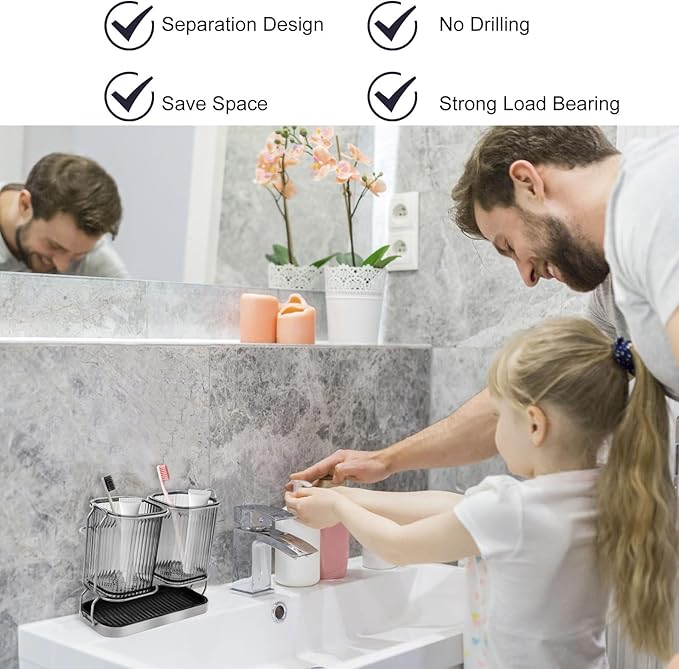 Gray Toothbrush Holders for Bathrooms, Toothbrush Holders with Drain Tray, 2 Cups Tooth Brushing Holder, Bathroom Organizers and Storage Caddy Countertop for Toothpaste, Razors, Toothbrush
