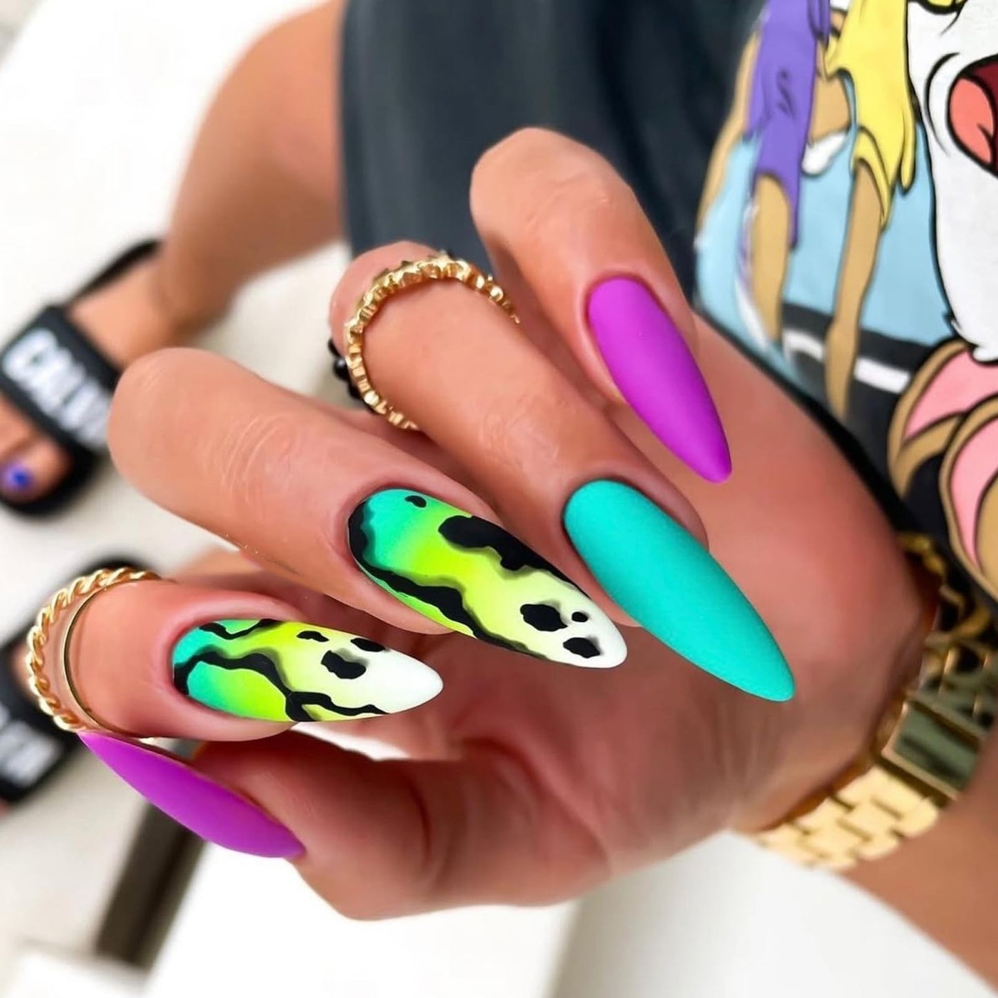 IMSOHOT Press on Nails Long Stiletto Fake Nails Purple Green Ombre Acrylic False Nails Matte Full Cover Glue on Nails