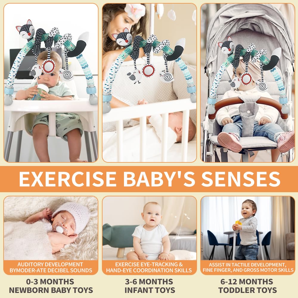 Caterbee Baby Stroller Arch Toys, Black and White Hanging Toy Activity Set, Stretch & Spiral Adjustable Clamp for Cribs & Car Seats, Includes Rattles, Squeaker & Teether for Newborns and Infants (02)
