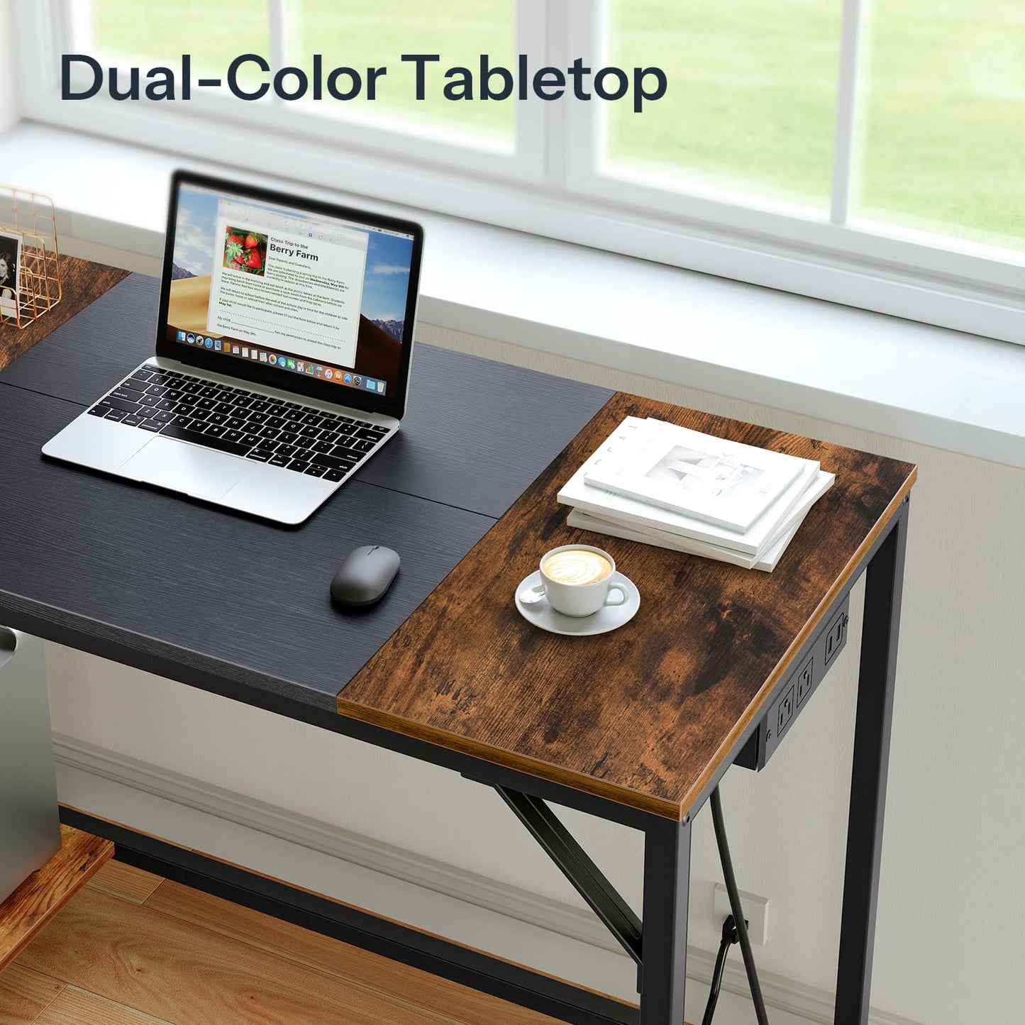 HOOBRO Computer Desk, Home Office Desk with Power Outlet, Writing Desk with 2 Shelves, Modern Small Desk for Home Office, Study, Easy to Assemble, Rustic Brown and Black BF43UDN01