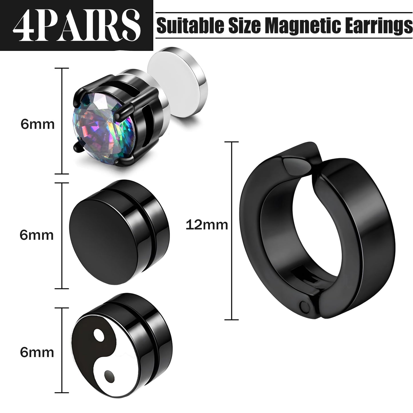 SIISPRI 4 Pairs Black Earrings for Men, Titanium Screw Back Surgical Stainless Steel Stud Earrings Rainbow 5A Cubic Zirconia Hypoallergenic Aritos Para Hombre Studs Jewelry Set for Men Women,