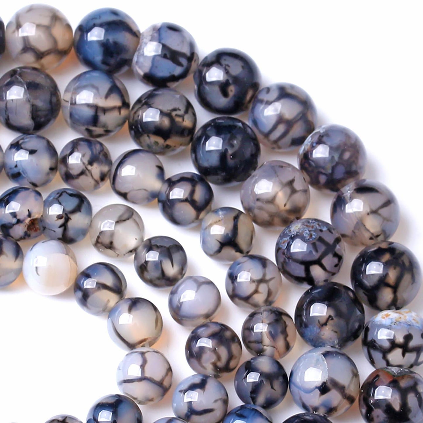 10MM Black Dragon Vein Agate Stone Beads Natural Gemstone Round Loose Beads for Jewelry and Bracelets Making 72pcs 2 Strands 32"