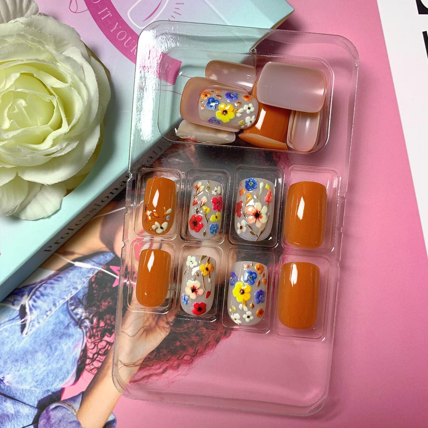 Short Press on Nails Square Nails Press ons Orange Full Cover Fake Nails Spring Acrylic Nails 3D Colorful Flowers Glue on Nails Cute Glossy Artificial False Nails for Women 24 Pcs
