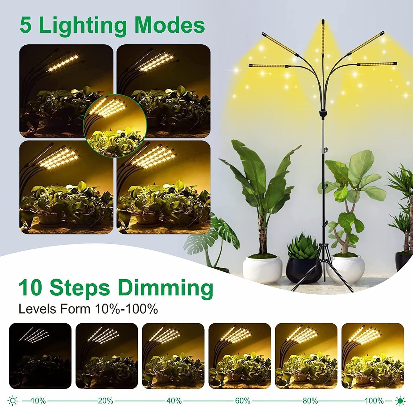 yentbokj 5-Head Adjustable LED Lights, Full Spectrum Grow Lamp with Timer, Warm White Light for Indoor Plants