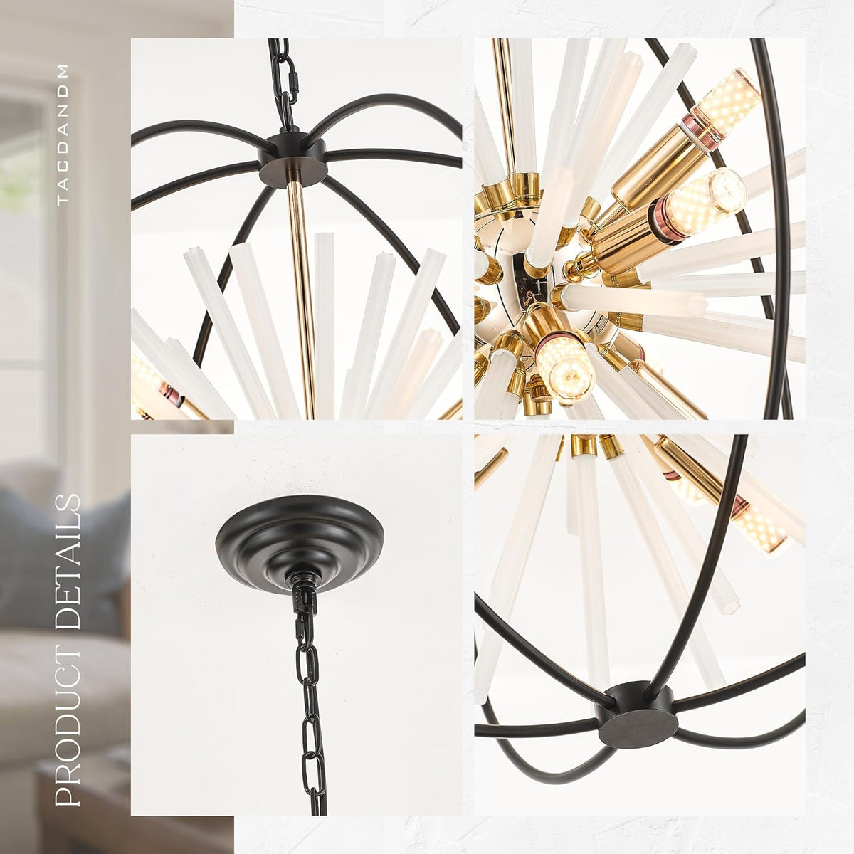 23.6" Black Gold 12-Light Globe Sputnik Chandelier Modern Adjustable Hanging Ceiling Glass Tube Pendant Light Fixture for Entryway Foyer Staircase Dining Living Room Hallway