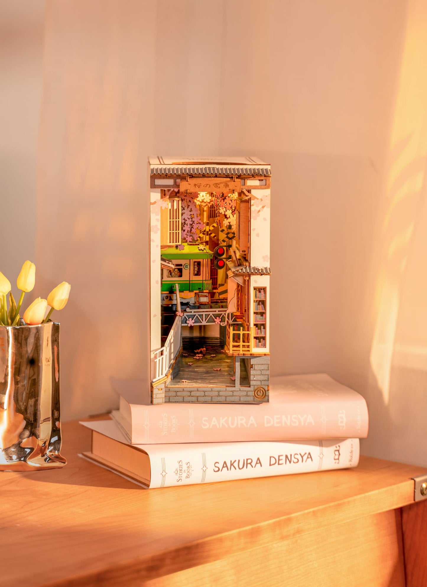 ROBOTIME DIY Book Nook Kit DIY Miniature Dollhouse Booknook Kit 3D Wooden Puzzle with LED Light,Decorative Bookend Bookshelf Insert Decor for Teens and Adults (Sakura Tram)