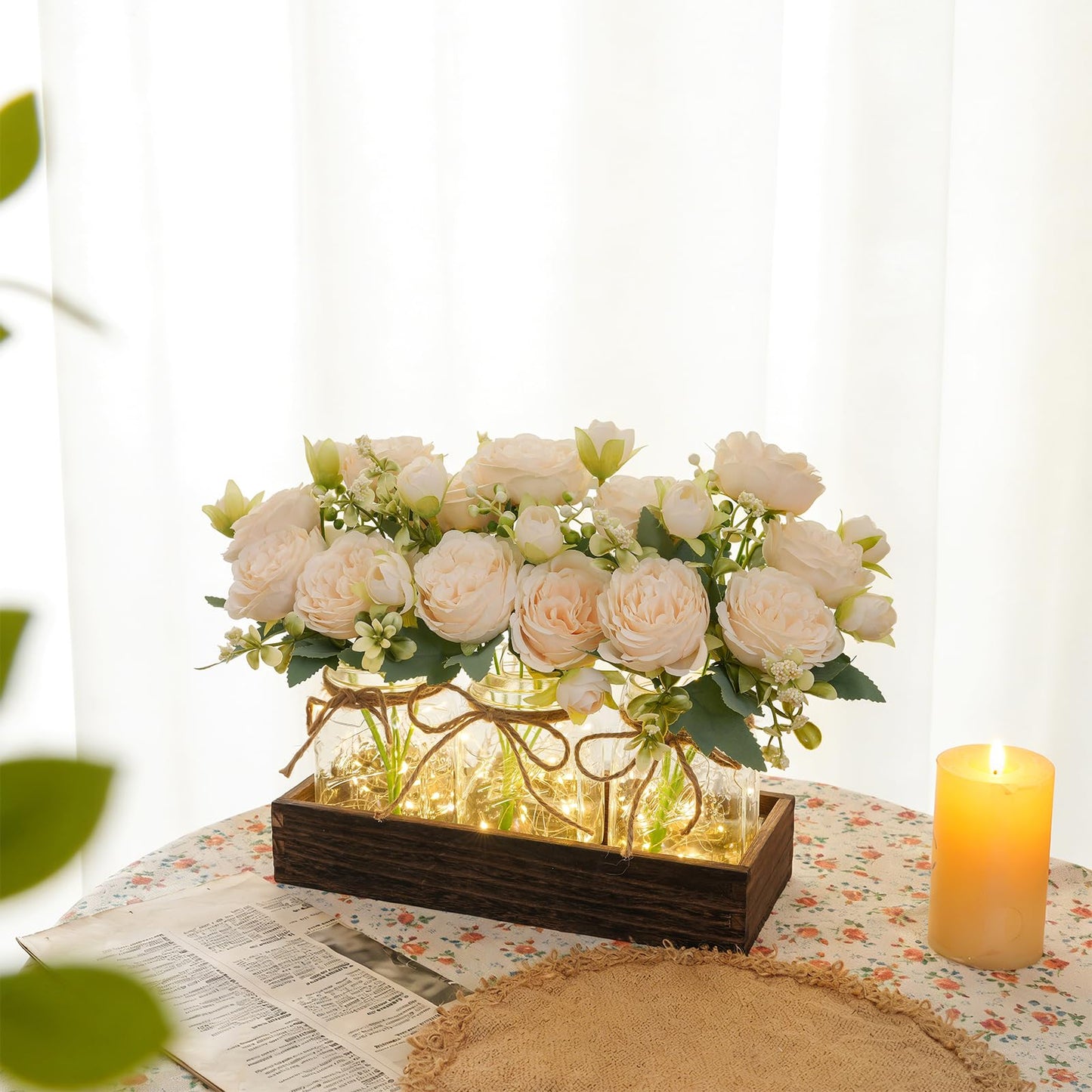 LUEUR Mason Jar Lights Centerpiece with Farmhouse Wood Tray – 3 Jars with Champagne Peony Spring Flowers, Spring & Summer Wedding Decoration for Dining Table, Coffee Table, Kitchen & Living Room