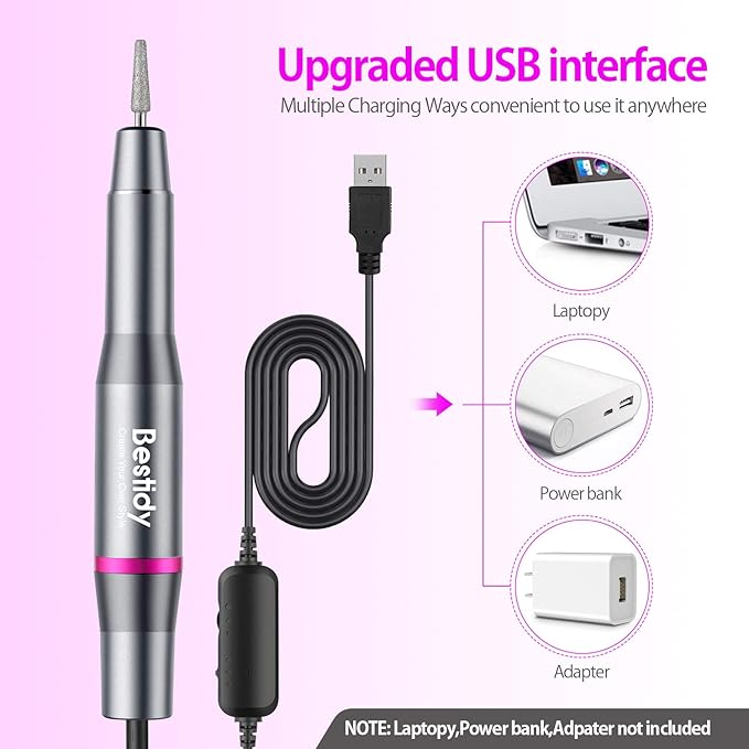 Bestidy Best Gift Electric Nail Drill Kit, USB Manicure Pen Sander Polisher with 6 Pieces Changeable Drills and Sand Bands for Exfoliating, Polishing, Nail Removing, Acrylic Nail Tools (B-Black)