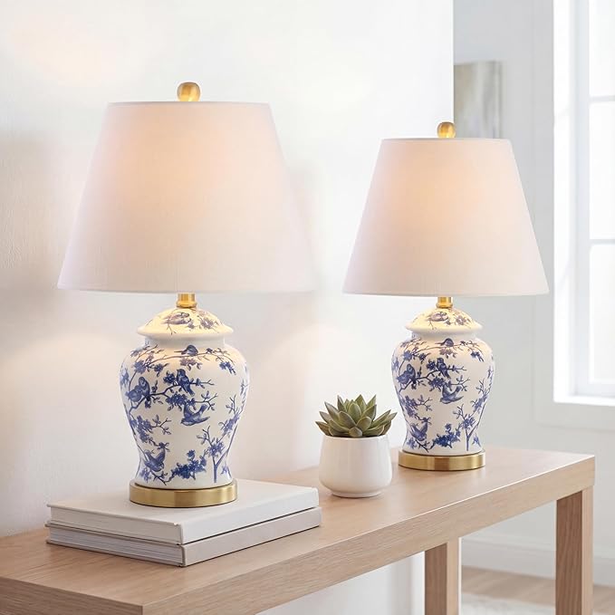 JONATHAN Y 22" Blue/White Ceramic Table Lamp, French Country Chinoiserie Ginger Jar LED Bedside Lamp for Living Room Bedroom, White Linen Shade (JYL3005A-SET2)