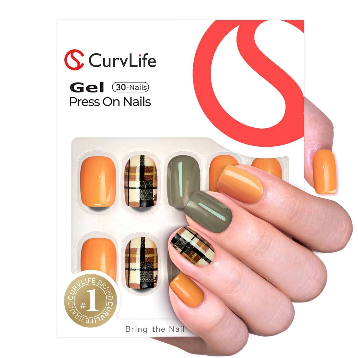 Curvlife Soft Gel Square Press On Nails Short – Mustard and Olive Plaid Reusable False Natural Fit Fake Nails Tips Stick Ons, Salon Quality UV Finish