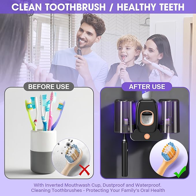 3 in 1 Toothbrush Cleaner Holders,Rechargeable Wall Mounted Toothbrush Holder Toothpaste Dispenser Automatic 2 Cups Tooth Brush Holder for Bathroom, No Drilling, 4 Slots (Black)