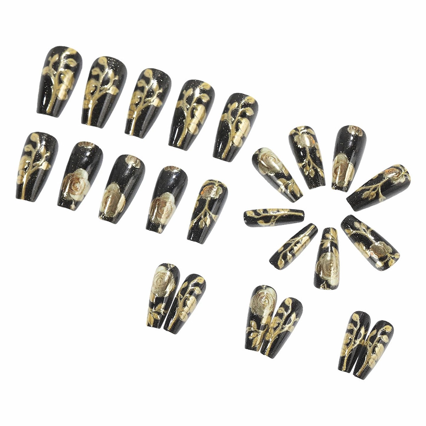 MISUD Press on Nails - Long Coffin Fake Nails with Black, Acrylic Gold Chrome Flower Design 24 pcs