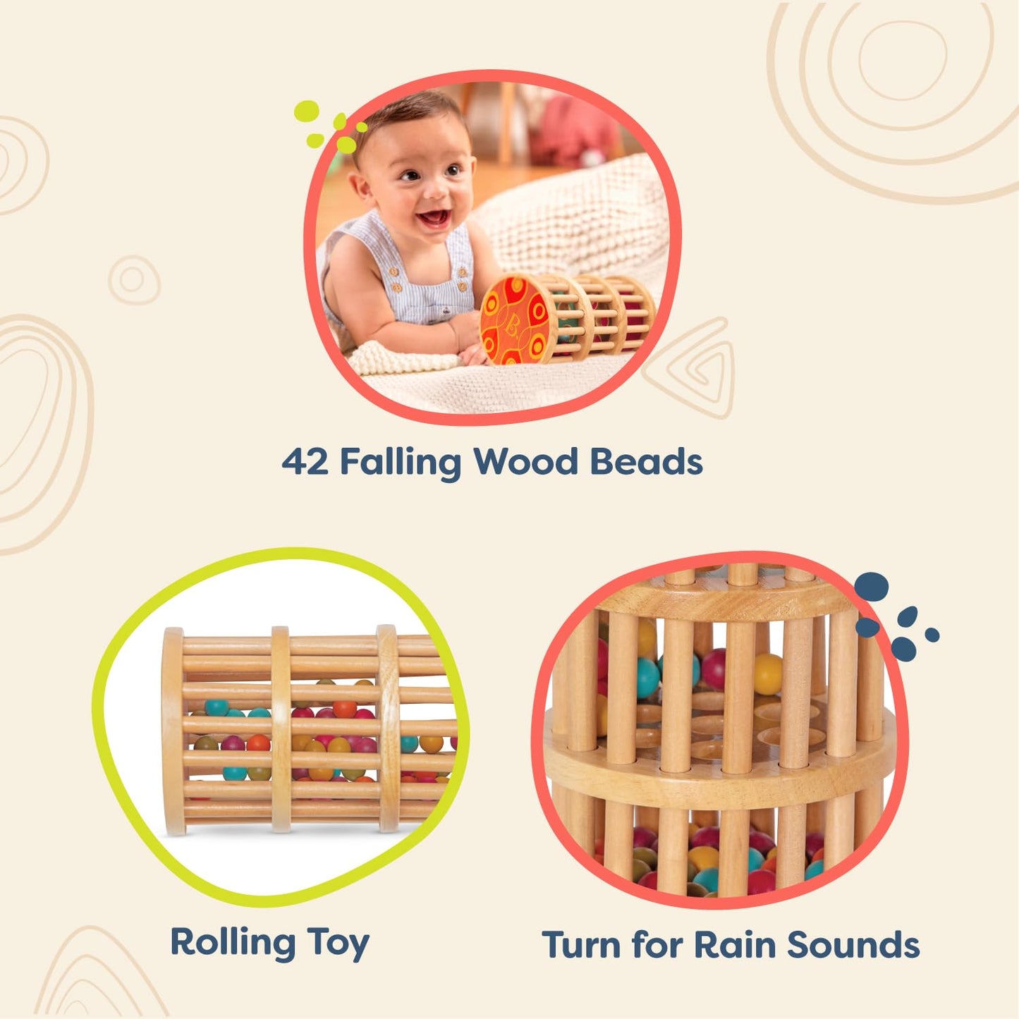 B. toys – A – Maze Rain Rush Dexterity Toy – Crawling Rolling Tower – Developmental Natural Wooden Rainmaker Toy – Toys for Toddlers