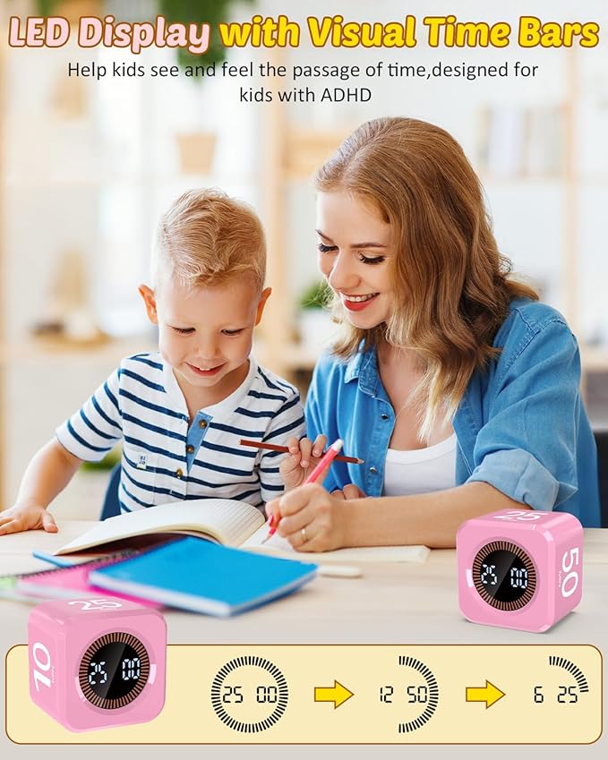 Pomodoro Timer Cube Visual Productivity Flip Timer for Kids Classroom Desk, 5/10/25/50min&Custom Countdown, Silent&Sound Mode Digital Cube for ADHD Study Work School Game Kitchen (Pink)