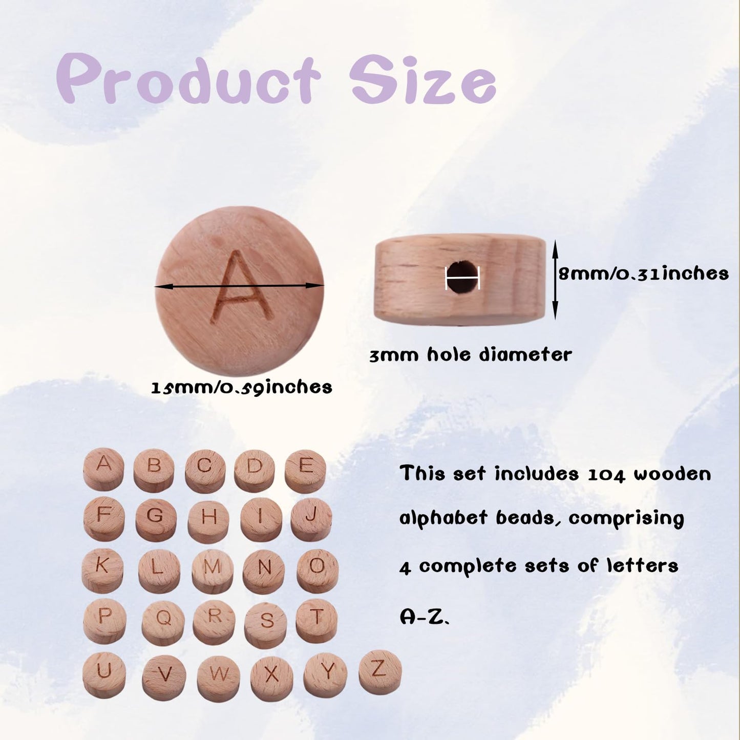 104 Pcs 15mm Alphabet Wooden Beads Round Flat Alphabet Beads Wooden Loose Bead with Initial Letter for Handmade DIY Projects