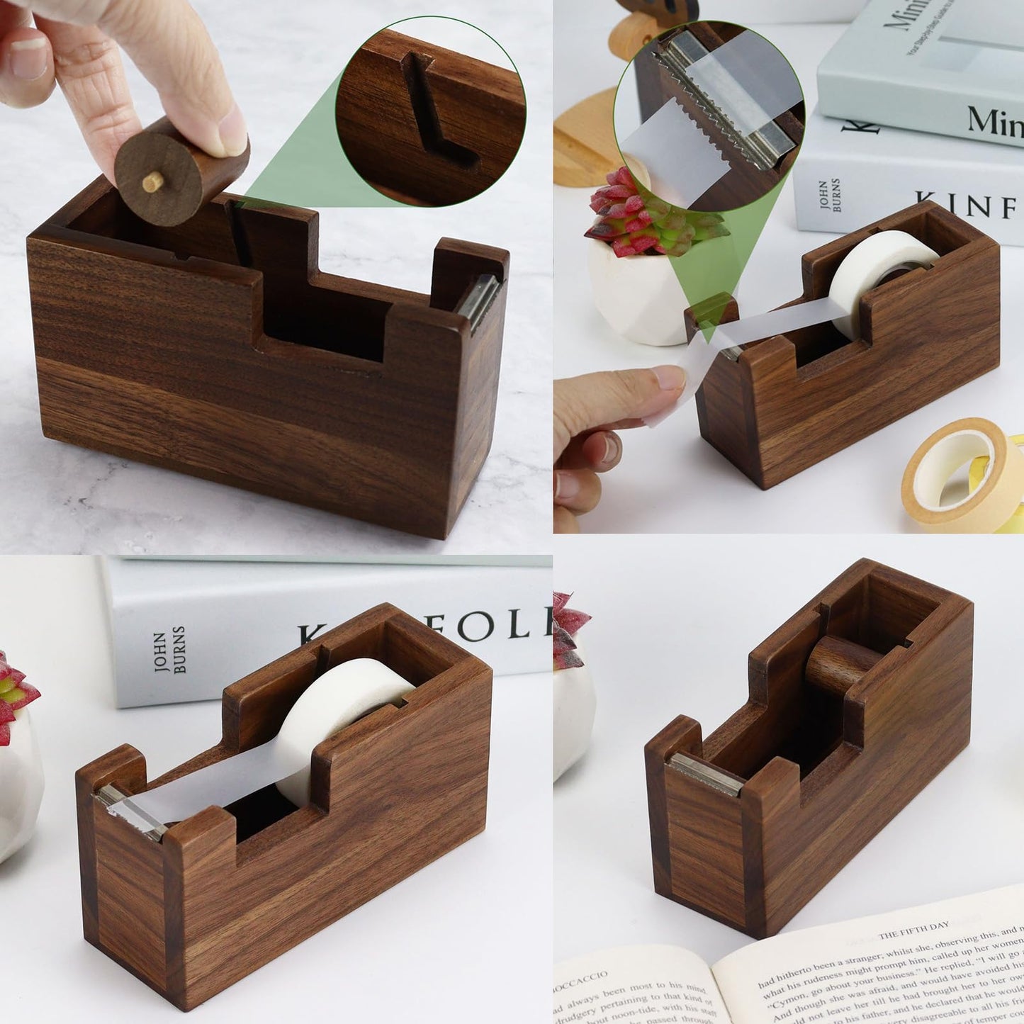 Buqoo Walnut Wood Sticky Note Holder and Tape Dispenser, Rhombic Pen Holder Desk Accessories for School N Home Office