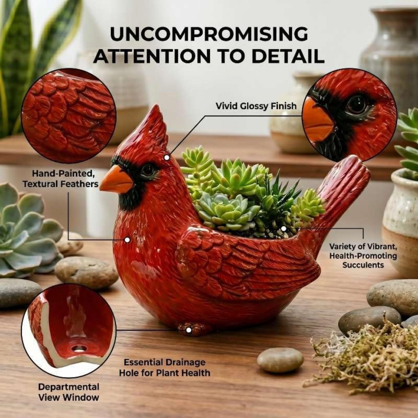 Cardinal Bird Succulent Planter,Resin Decorative Flower Pot for Indoor Plants, Cute Red Bird Planter for Garden Windowsill Desk Decor Unique Gift (Red)