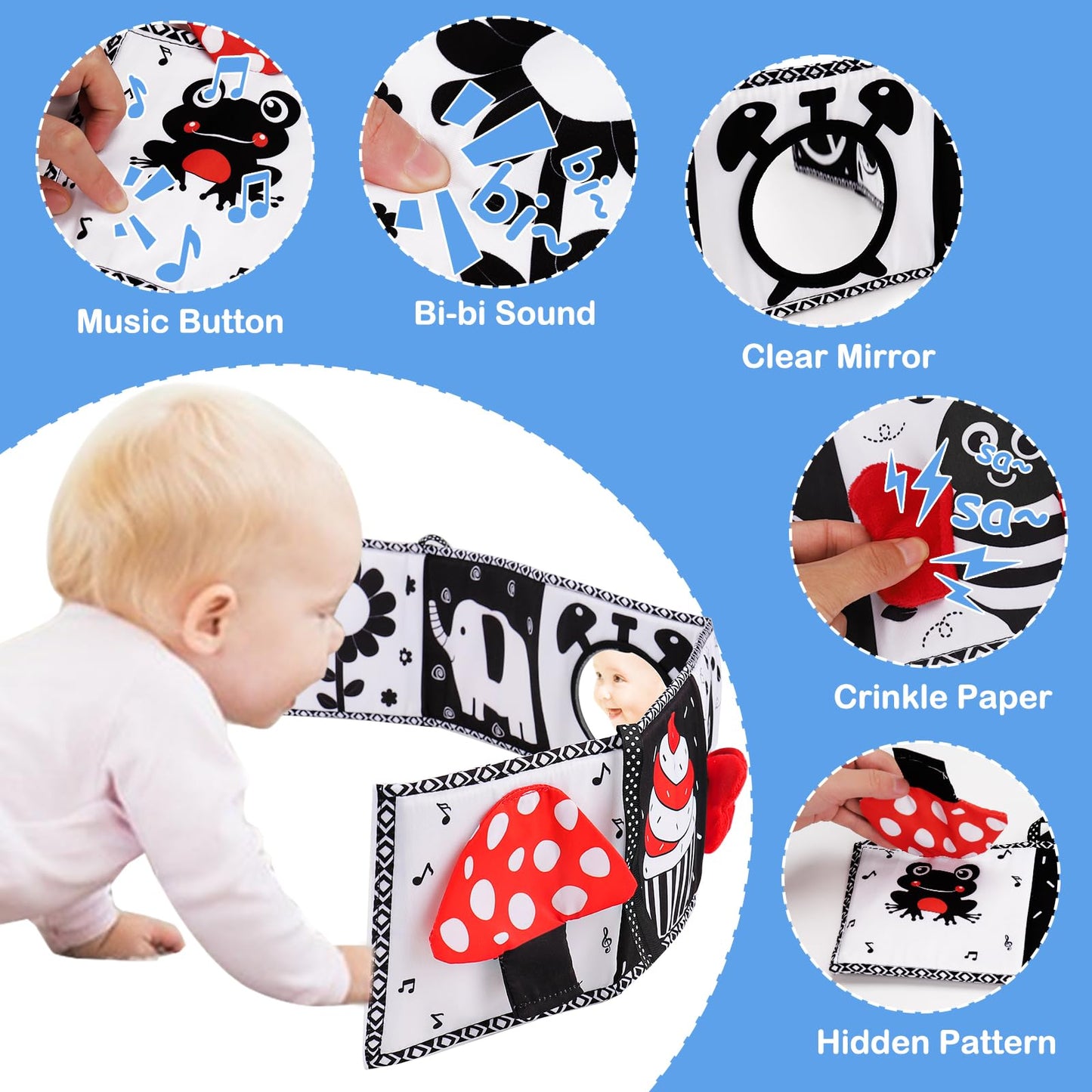 Black and White High Contrast Toys for Baby 0-3 3-6 months Infant Tummy Time Soft Book Sensory Musical Toy 0-2-4-6 month Babies Brain Development Crinkle Book Mirror Newborn Easter Basket Stuffer