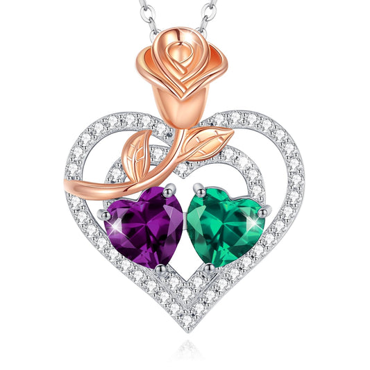 AGVANA February May Birthstone Jewelry Amethyst Emerald Necklace Sterling Silver Rose Flower Heart Double Birthstone Pendant Necklace Anniversary Birthday Gifts for Women Mom Wife Lady Her
