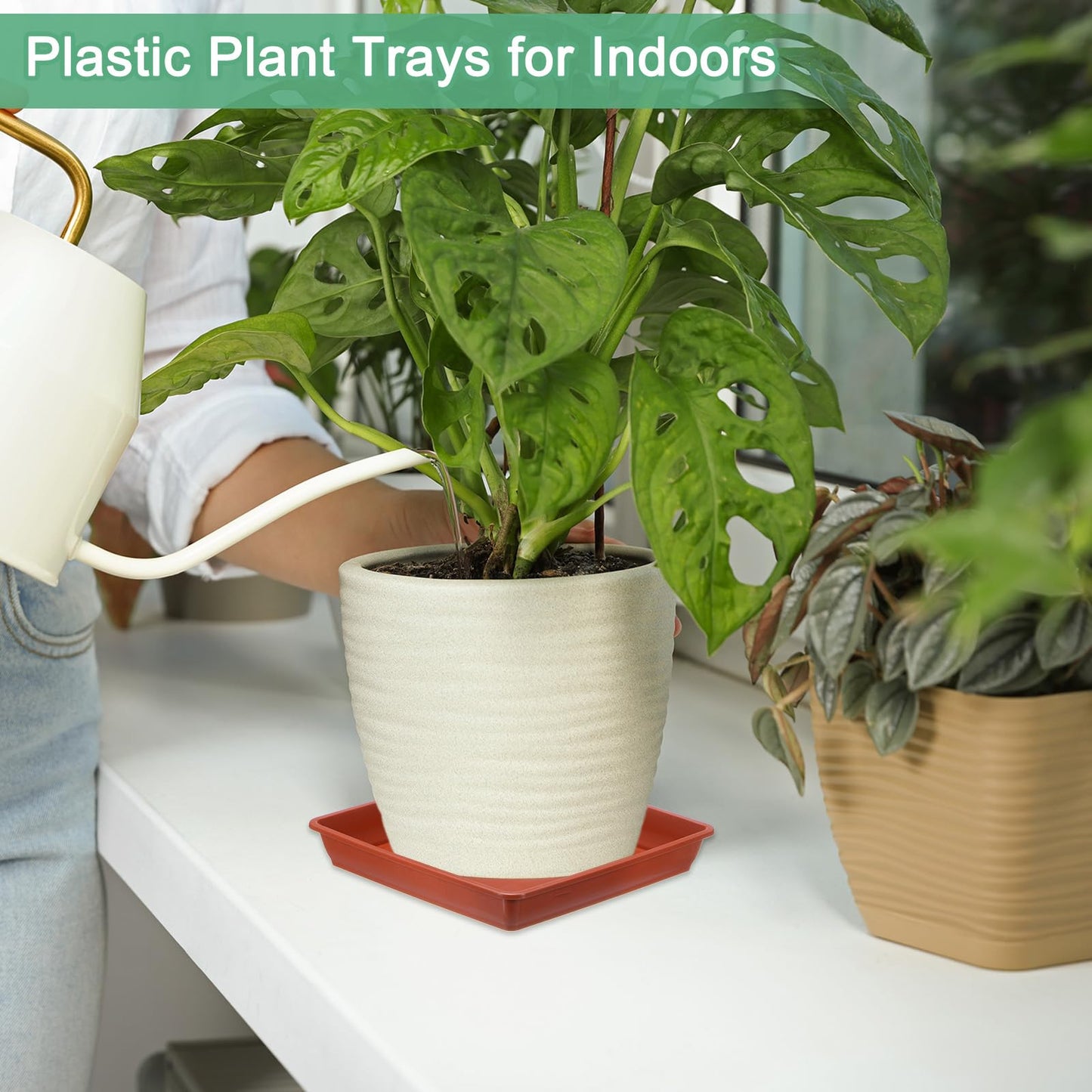 M METERXITY 10-Pack Plant Pot Saucers, 6 Inch Plastic Square Flower Drip Tray, Pot No Holes Durable Plant Trays for Pots Base Indoors/Outdoors Plants [Brick Red]
