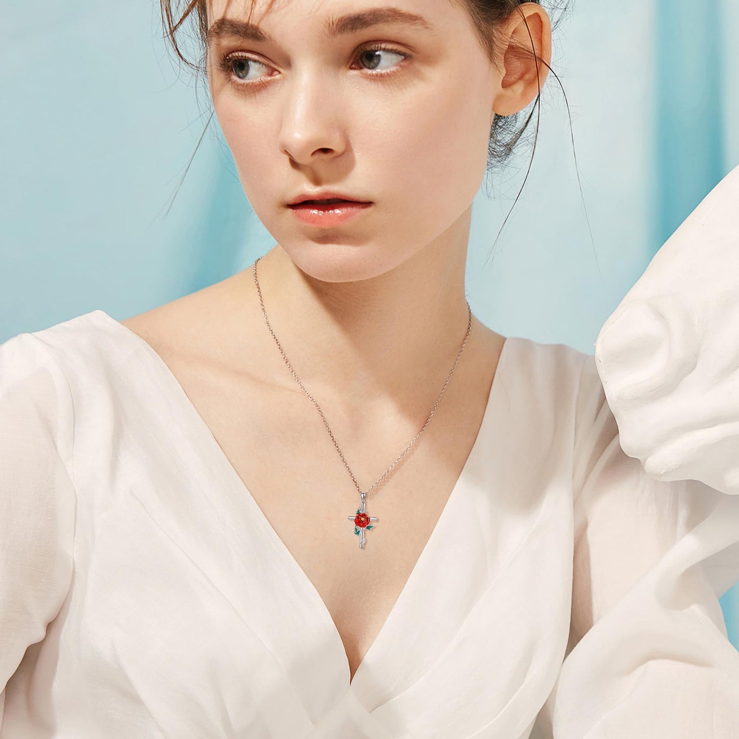 JERWLI Marigold Necklace 925 Sterling Silver Marigold Cross Pendant Necklace October Birth Flower Jewelry for Women