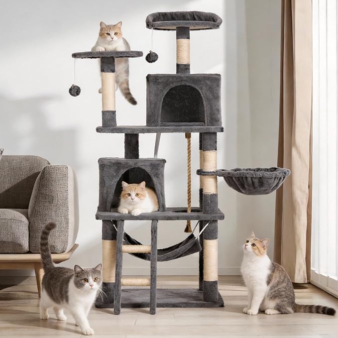 61in Cat Tree Tower for Indoor Cats with Cozy Basket & Hammock
