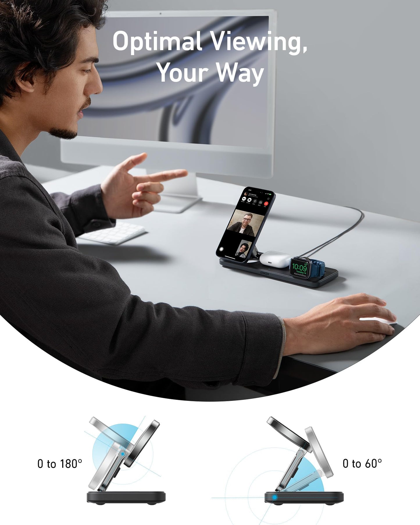 Anker iPhone 16 Foldable 3-in-1 Wireless Charging Station, Qi2 Certified 15W Ultra-Fast MagSafe-Compatible Wireless Charger, for iPhone 15/14 Series, AirPods, Apple Watch (USB-C Charger Included)
