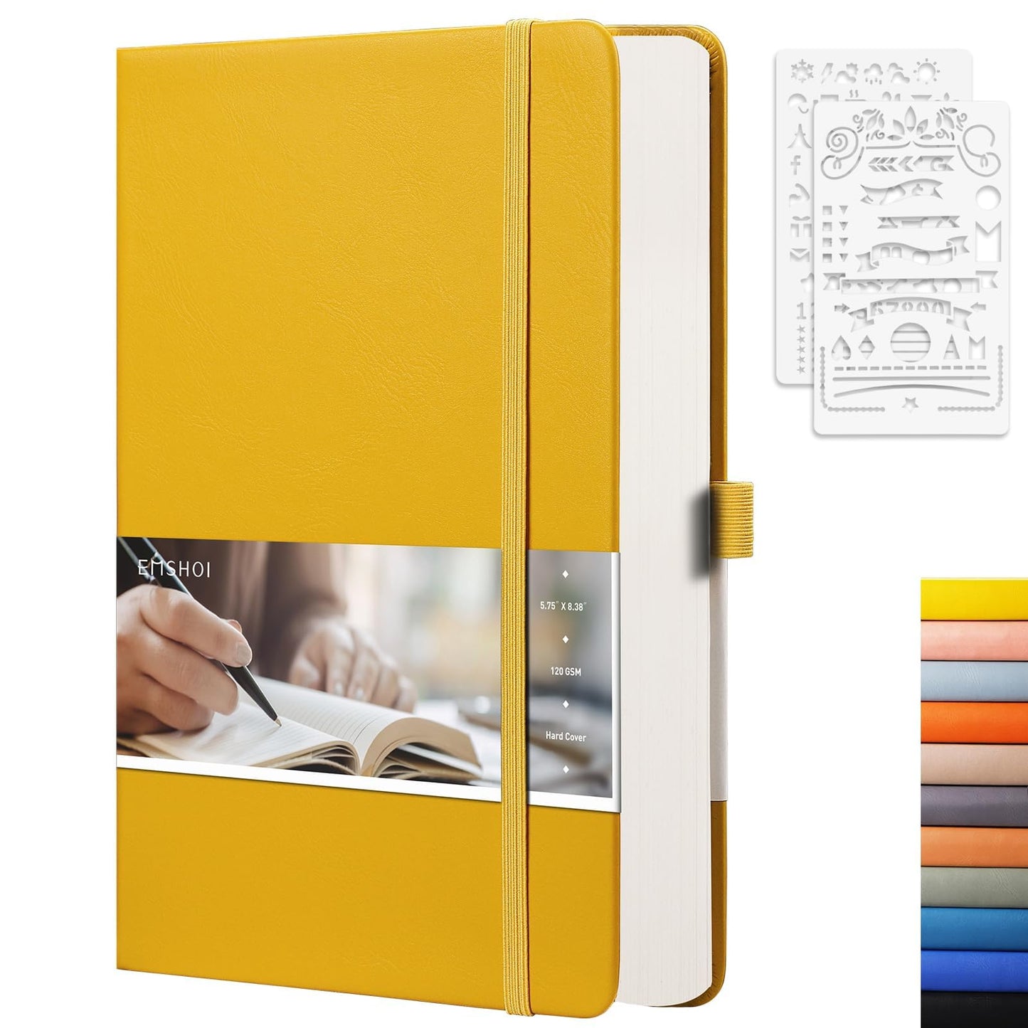 EMSHOI A5 Dotted Notebook Hardcover Leather Journal, 256 Pages 120gsm Thick Paper A5 Journal 5.75"x8.38", 16 Perforated Pages & Inner Pocket, Durable Dot Grid Notebook for Bullet Journaling, Yellow
