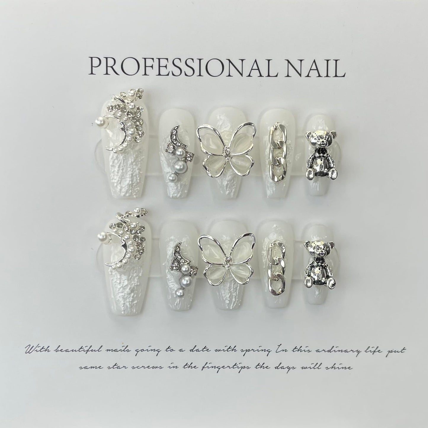 Handmade Press on Nails square Baroque Style Plaster Glue Pure White Decorative Adhesive with Moon Butterfly Pearl and Bear Acrylic Nails Press on Handmade Nails Handmade Nails(S)
